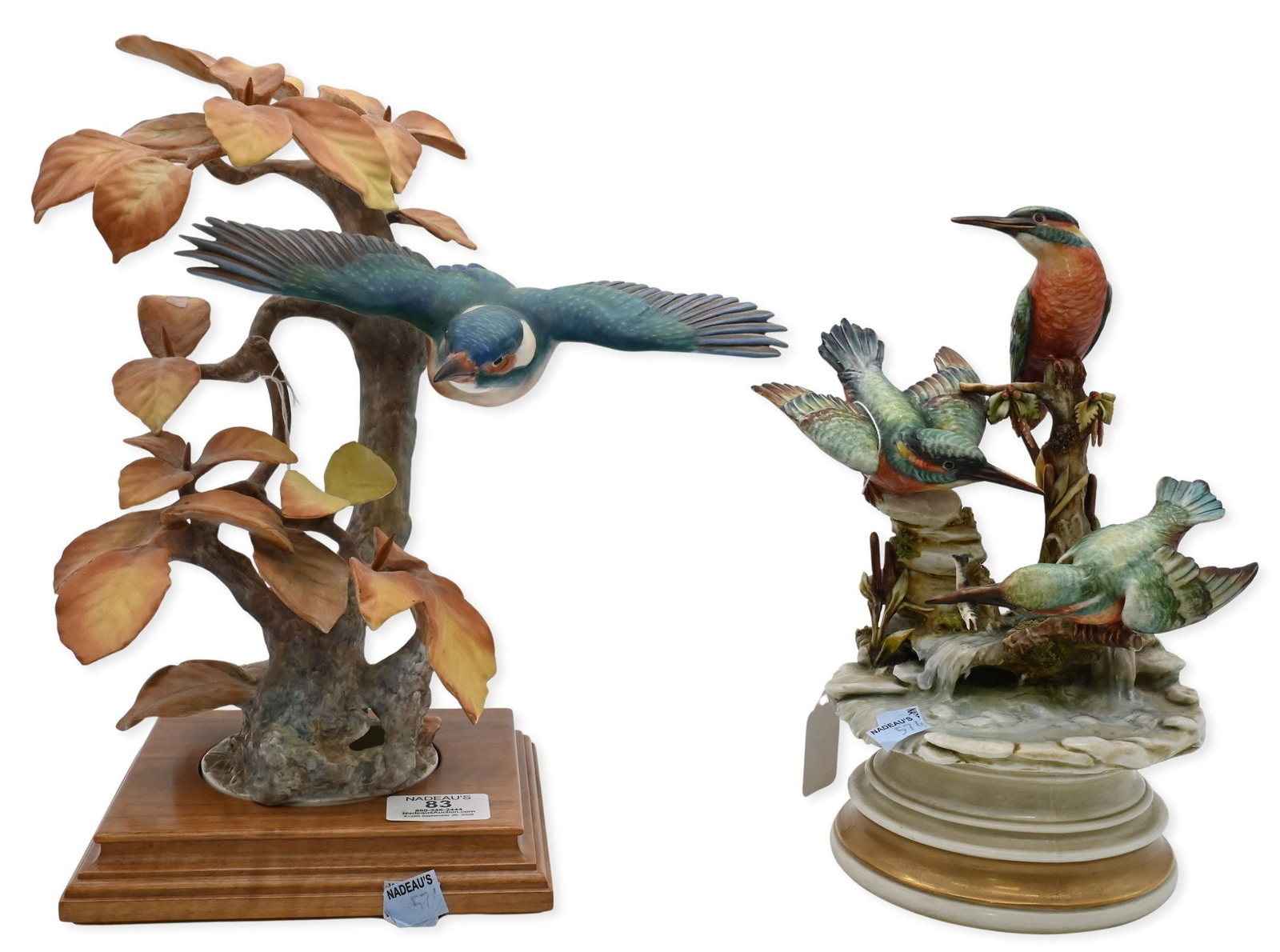 Two Porcelain Kingfisher Bird Figurines: Two Porcelain Kingfisher Bird Figurines to include Antonio Borsato (Italian, 1911-1982) "Kingfishers" hand painted porcelain sculpture depicting three kingfishers perched among a naturalistic stream