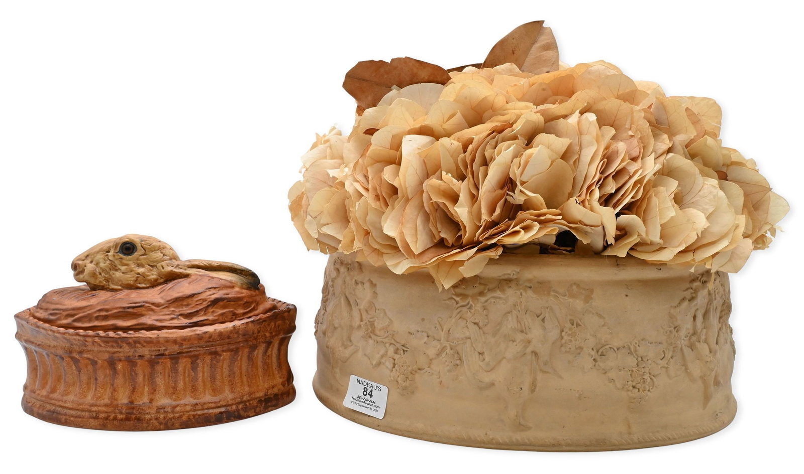 Two European Ceramic Game Pie Dishes: Two European Ceramic Game Pie Dishes to include French ceramic rabbit game pie tureen, probably Pillivuyt, modeled having rabbit head finial to the cover, and a Wedgwood caneware game pie dish,