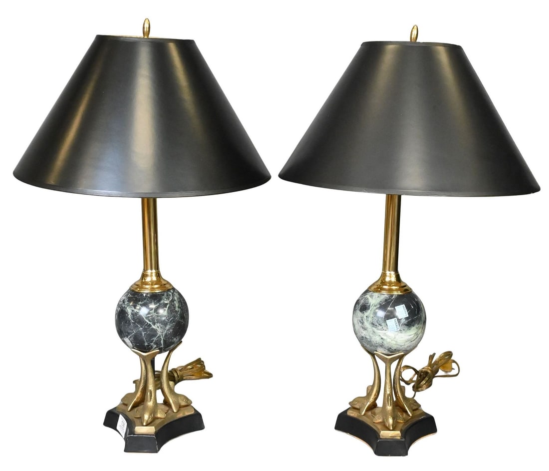 Pair of Neoclassical Style Brass and Marble Dolphin Table Lamps: Pair of Neoclassical Style Brass and Marble Dolphin Table Lamps each featuring a spherical green marble body supported by three stylized brass dolphins, raised on circular socles and tripartite bases