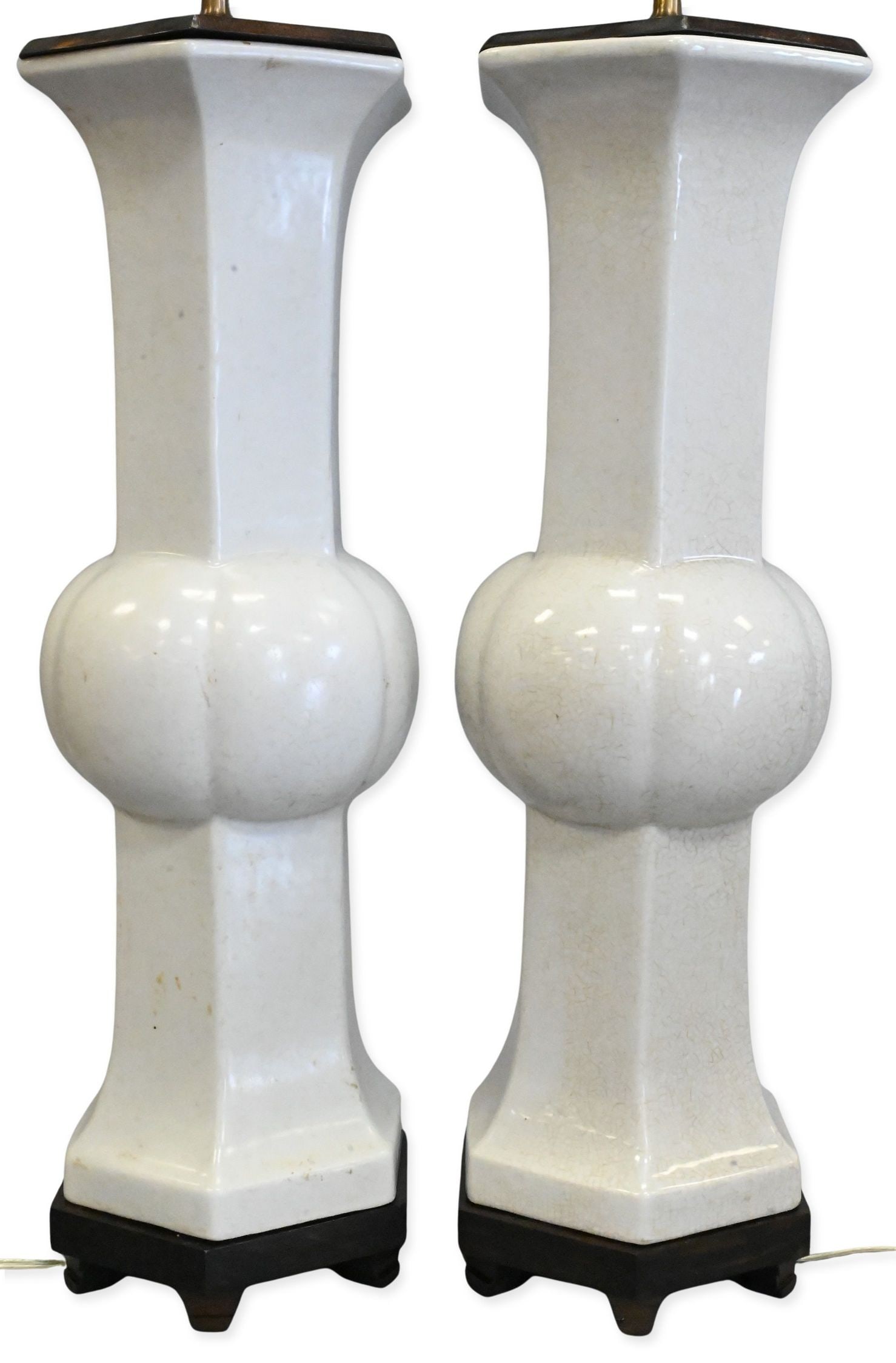 Pair of Blanc de Chine Style Porcelain Table Lamps: Pair of Blanc de Chine Style Porcelain Table Lamps each having elongated faceted baluster form featuring central pumpkin form body, white crackle glaze, mounted on wood bases total height 32 inches,