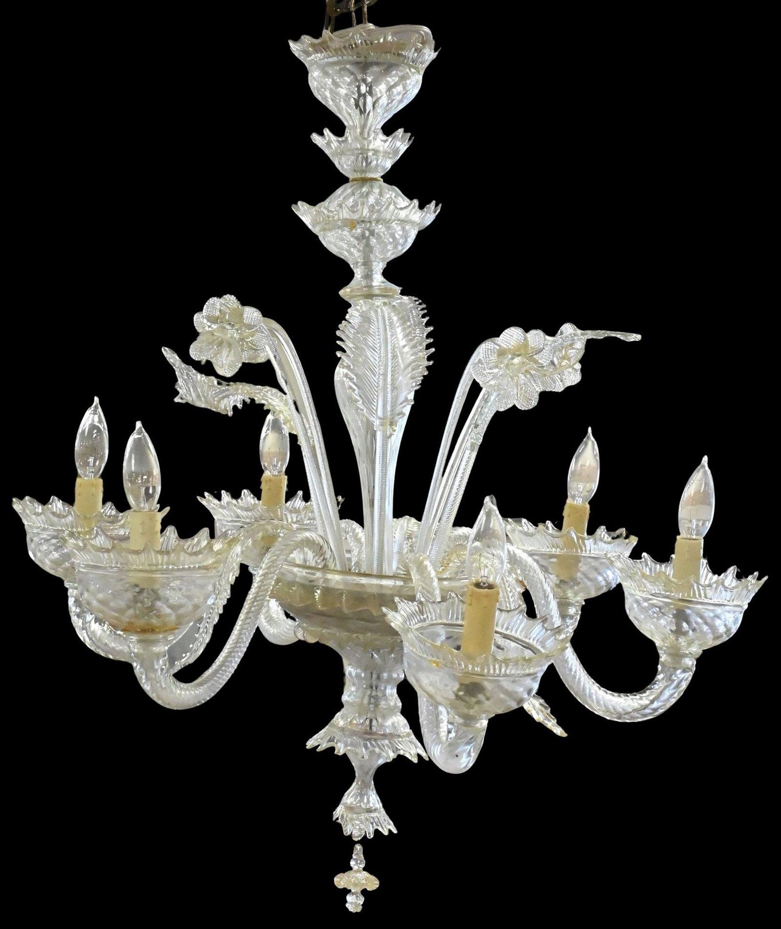 Italian Venetian Murano Glass Chandelier: Italian Venetian Murano Glass Chandelier having 6 lights and decorated with floral petals and flowers height 32 inches