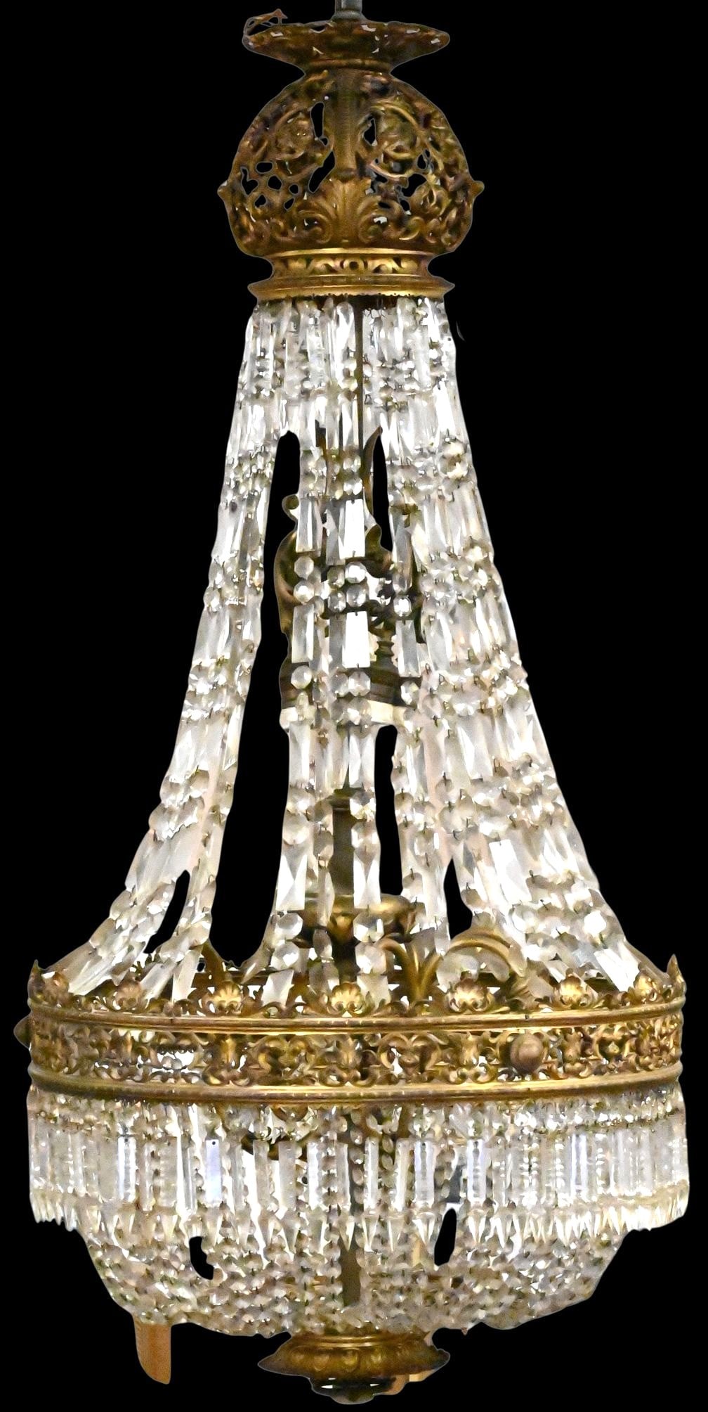 French Empire Gilt Bronze and Crystal Basket Chandelier (1 of 3)