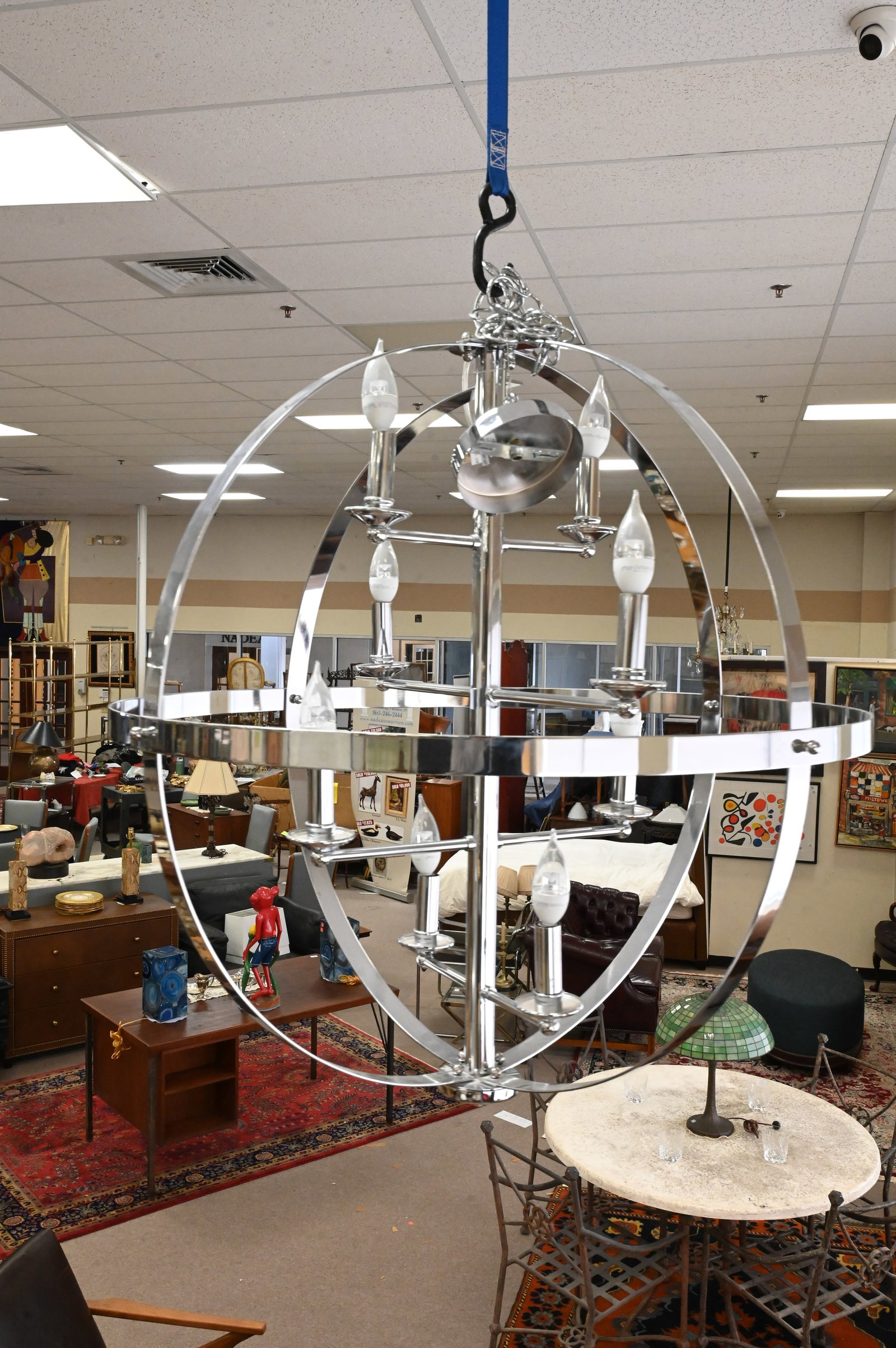 Chrome Sphere Form Eight Light Hanging Light - 2