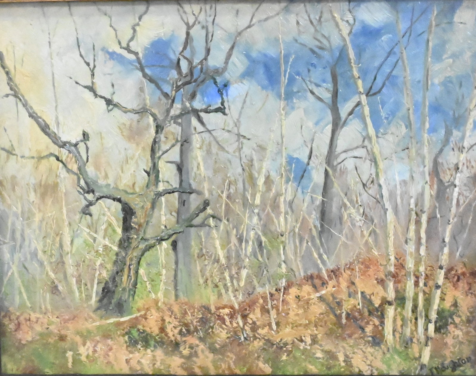 Frank Houghton (19th Century): Frank Houghton (19th Century) Late Autumn Forest Landscape Oil on board Signed lower right F.Houghton, label verso G.Janse Hand Carved Frames 50 Oxford Ave. Montreal 7 1/2" x 9 1/2" sight