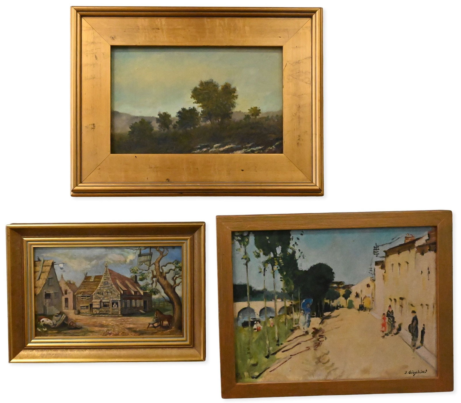 Three Small Framed Landscape Paintings: Three Small Framed Landscape Paintings to include J. Cegielski French European riverside street scene Oil on canvas Signed lower right J. Cegielski American School wooded landscape Oil on board along 
