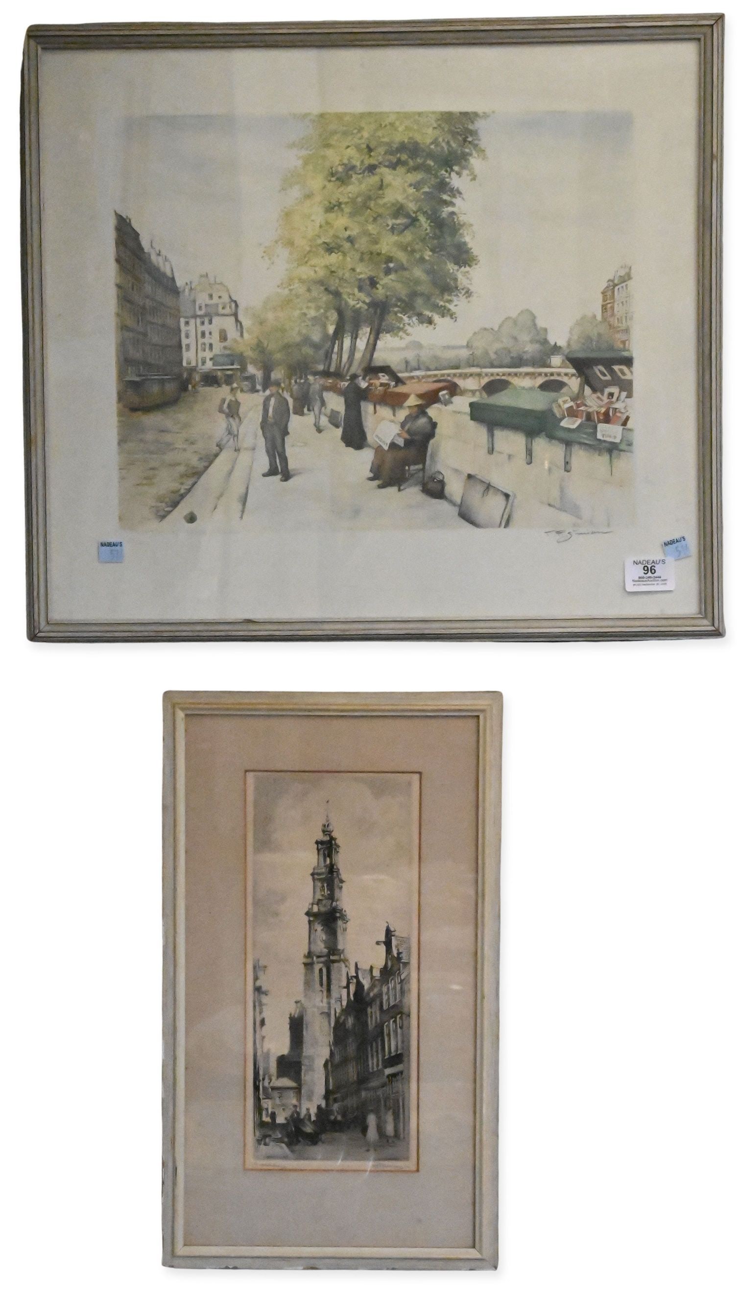 Two Framed Cityscape: Two Framed Cityscape Etchings Tavik Frantisek Simon (Czech, 1877-1942) "Bouquinistes sur le Quai" Watching depicting booksellers and figures along a Parisian quay, edition 50/300 Signed lower right