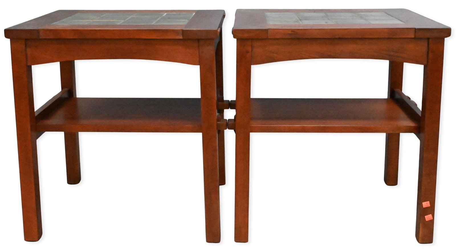 Pair of Stickley Mission Style Cherry Tile Top End Tables: Pair of Stickley Mission Style Cherry Tile Top End Tables having 2 tiers, having metal Stickley tag to underside retail price $4,269 per piece height 26 1/2 inches, top 20 1/2" x 24 1/4"