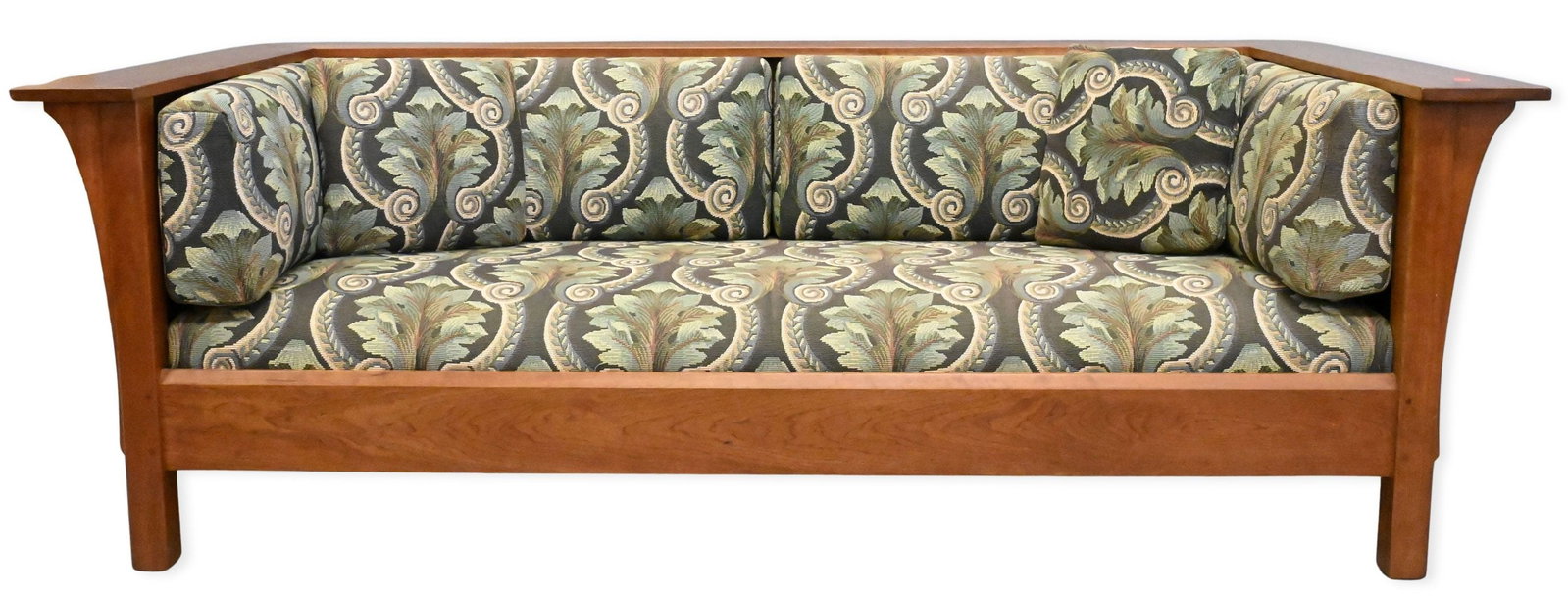 Stickley Mission Style Cherry Prairie Paneled Settle Sofa: Stickley Mission Style Cherry Prairie Paneled Settle Sofa bearing metal Stickley tag to underside height 29 1/2 inches, length 84 1/2 inches, depth 37 1/2 inches