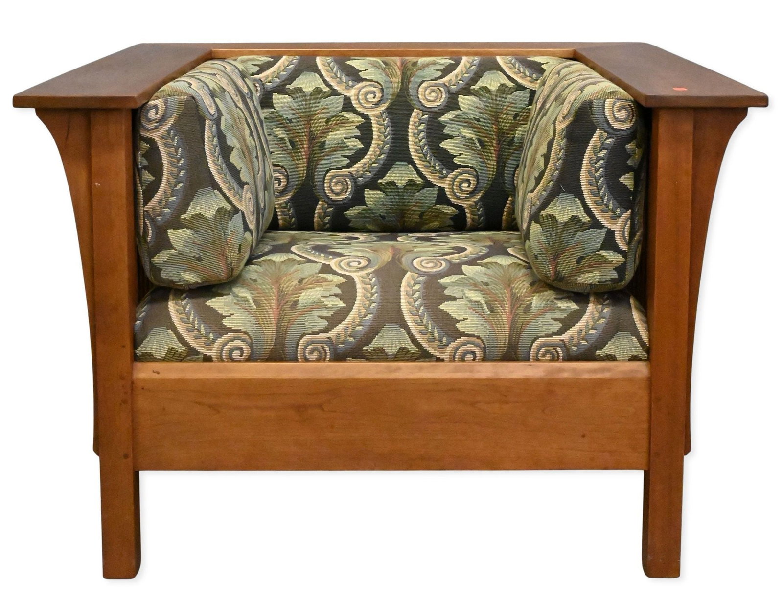 Stickley Mission Style Cherry Prairie Club Chair: Stickley Mission Style Cherry Prairie Club Chair having metal Stickley tag to underside height 30 inches, width 42 1/2 inches, depth 37 1/2 inches
