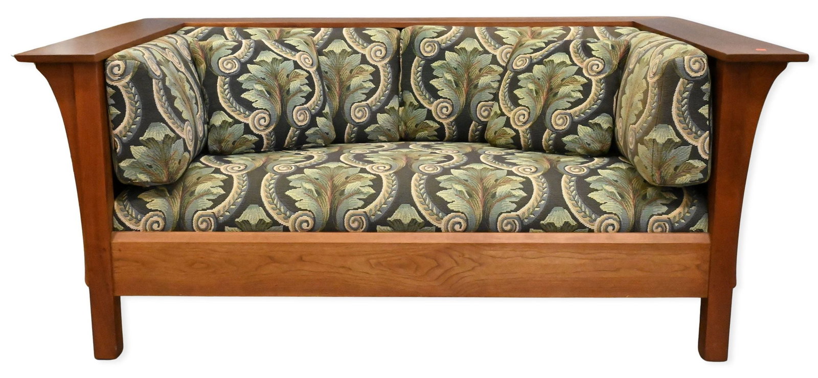 Stickley Mission Style Cherry Prairie Paneled Settle Loveseat: Stickley Mission Style Cherry Prairie Paneled Settle Loveseat bearing metal Stickley tag to underside height 29 inches, length 67 1/2 inches, depth 37 1/2 inches