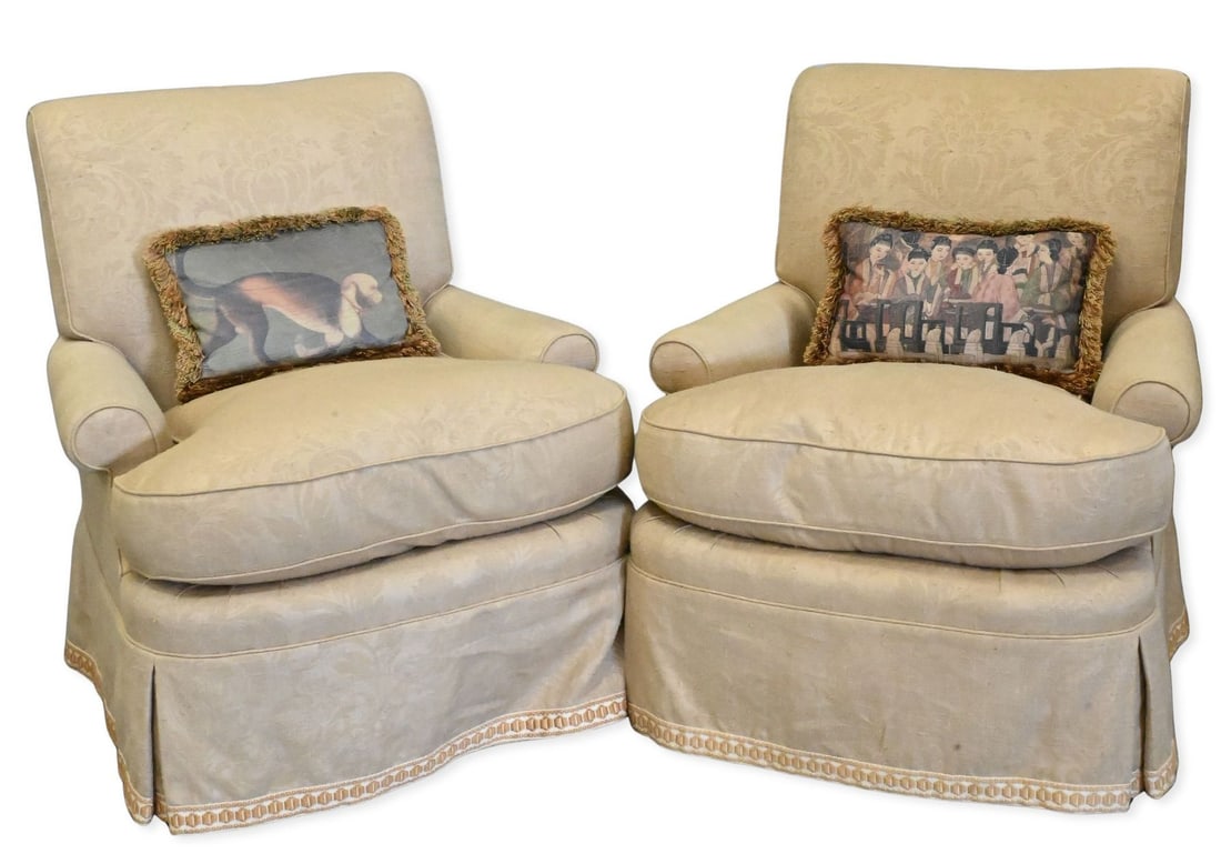 Pair of Custom Upholstered Club Chairs: Pair of Custom Upholstered Club Chairs each having down filled cushions height 33 inches, width 31 inches, depth 33 inches