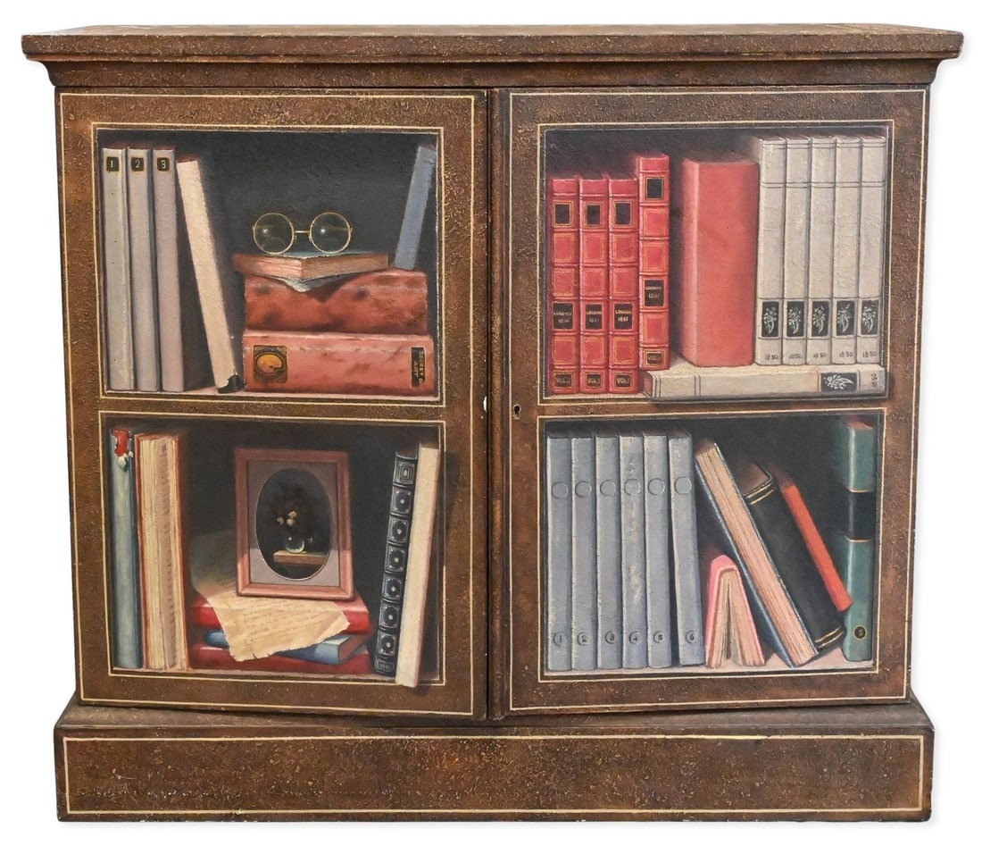 Maitland-Smith Hand Painted Trompe L'Oeil Cabinet: Maitland-Smith Hand Painted Trompe L'Oeil Cabinet Having hand painted trompe l'oeil décoration, double door opening to an adjustable shelf, marked to back height 32 inches, width 36 inches, depth 15