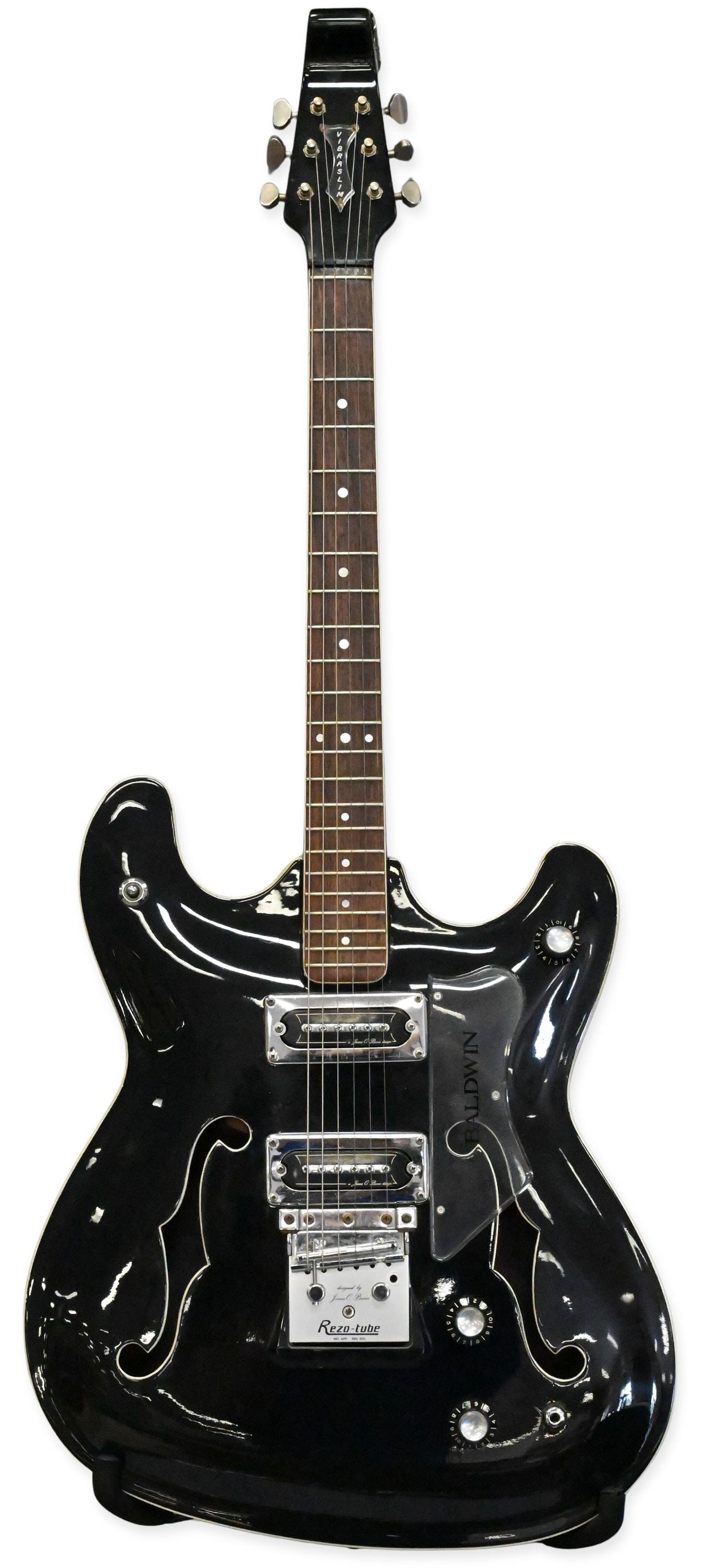 1960's Burns Vibraslim Semi-Hollow Body Electric Guitar: 1960's Burns Vibraslim Semi-Hollow Body Electric Guitar designed by James O. Burns, ,made in England, serial number 18282. Along with soft case