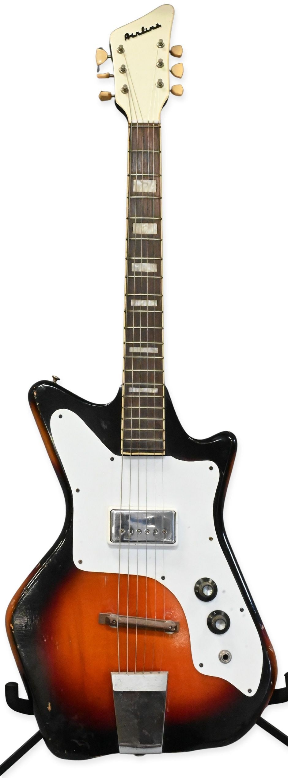 1966 Airline 7214 Electric Guitar: 1966 Airline 7214 Electric Guitar having sunburst finish. Serial number F38426. Along with soft case