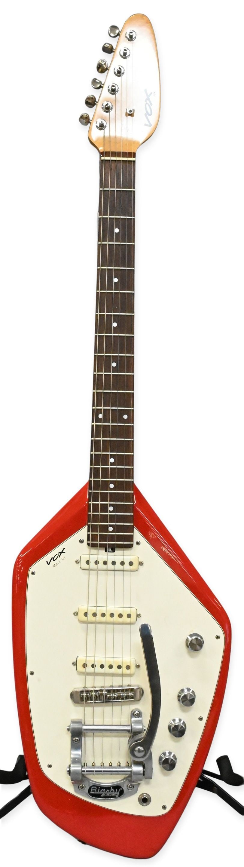 VOX Phantom Mark VI Electric Guitar: VOX Phantom Mark VI Electric Guitar having cherry red finish and Bigsby tremolo, made in the USA. Along with original hard case