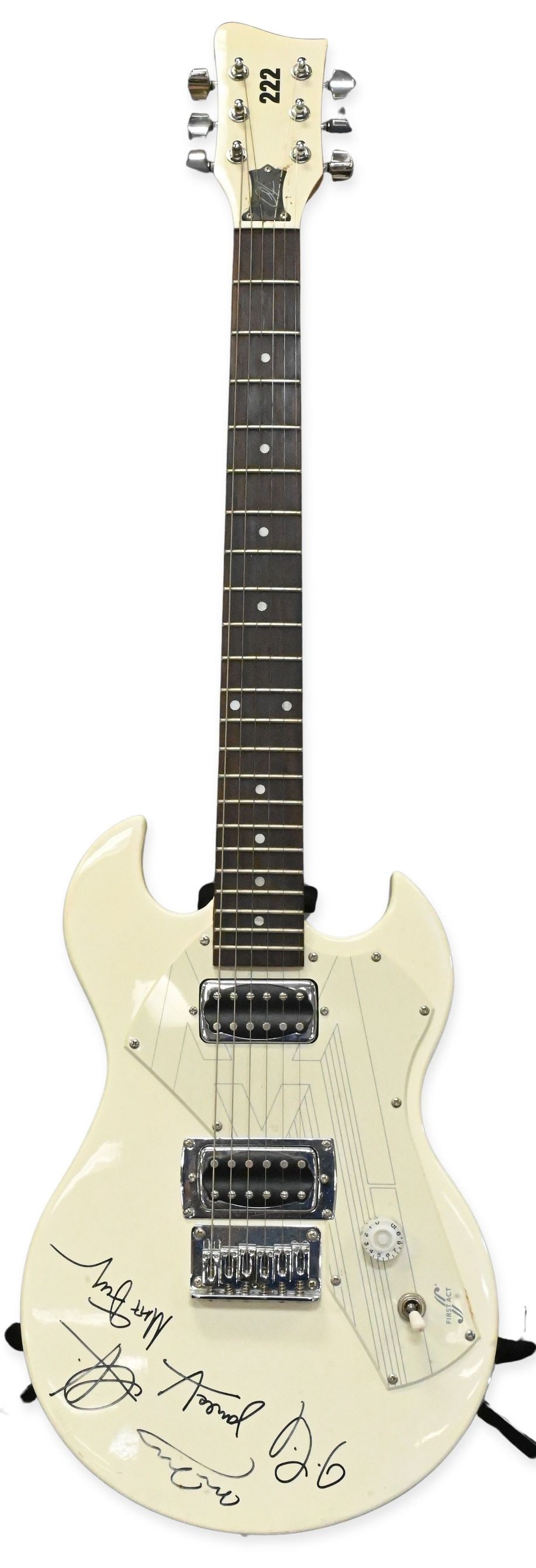 2000's First Act 222 Maroon 5 Signed Electric Guitar: 2000's First Act 222 Maroon 5 Signed Electric Guitar having band members signatures on body including Adam Levine. Neck serial number 08G14GJ, body serial number 8D082991. Along with soft case