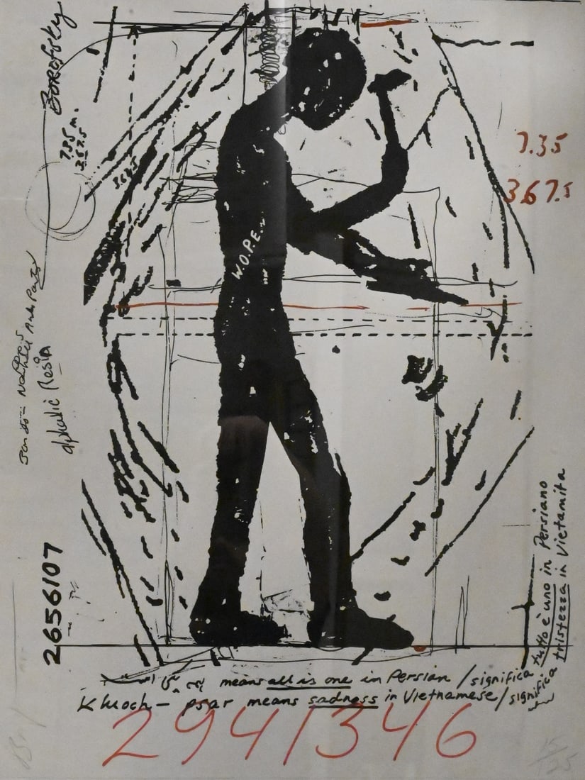 Jonathan Borofsky (American, B.1942): Jonathan Borofsky (American, B.1942) "Workers on Planet Earth," 1985 Screenprint in black and red on paper, depicting a standing worker surrounded by handwritten annotations and numerical markings.