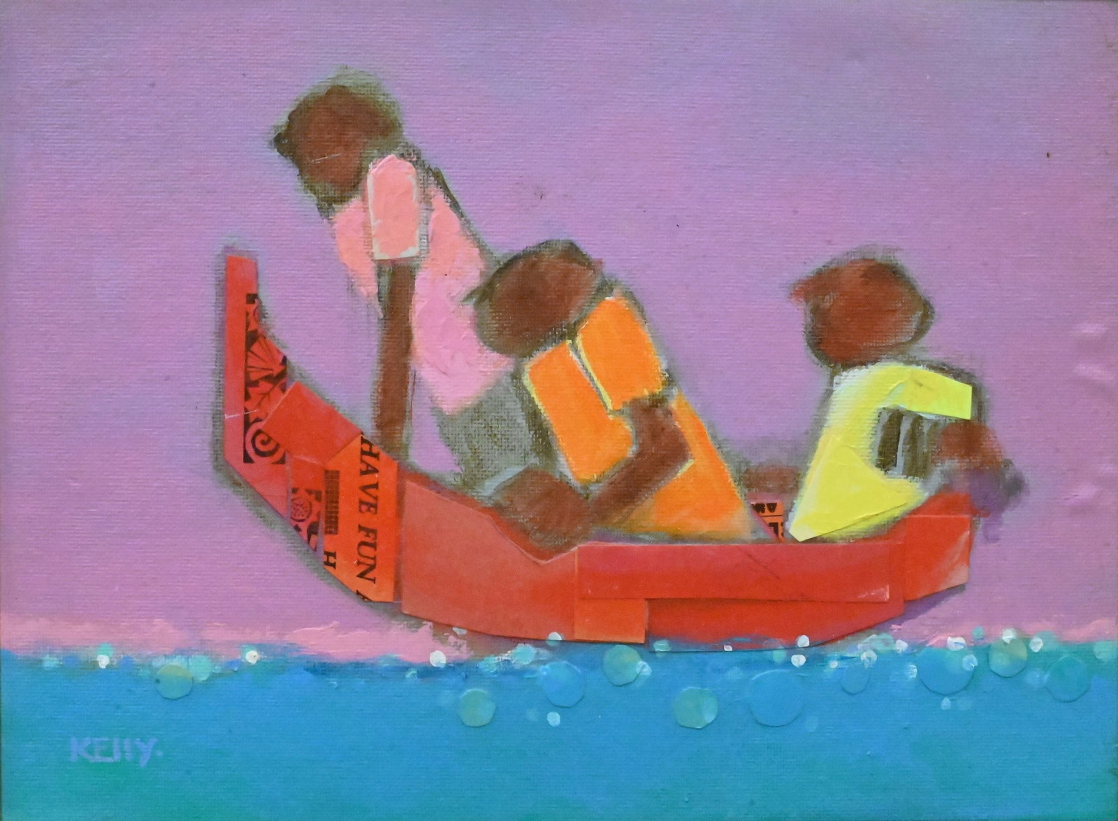 Brooks Kelly (American, 1935-2012): Brooks Kelly (American, 1935-2012) "Water Taxi" Mixed media collage on canvas board depicting three figures in a red boat against a pink and blue background Signed lower left Kelly, signed and titled