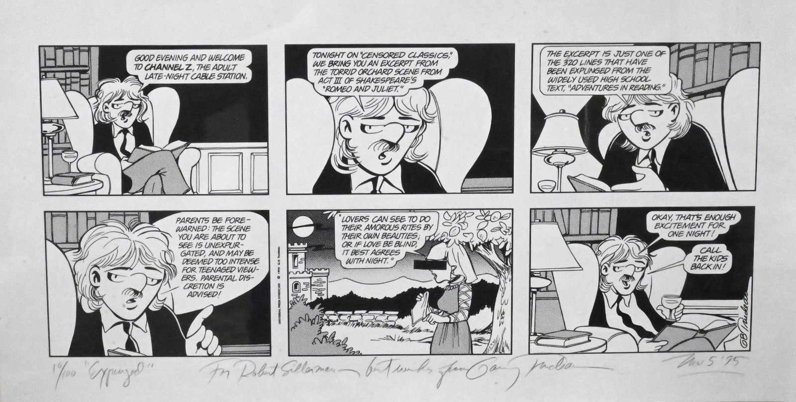 Garry Trudeau (American, B.1948): Garry Trudeau (American, B.1948) "Expunged," 1995 Limited edition Doonesbury comic strip print Edition 19/100 Signed and titled in pencil, additionally inscribed "For Robert Sillerman — best wishes