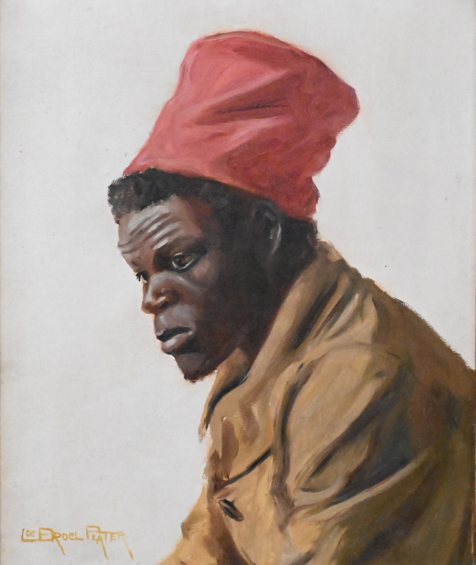 L. Aroel Plater (Austrian, act. 1885-1967): L. Aroel Plater (Austrian, act. 1885-1967) "Young Algerian Man in a Fez" Oil on canvas depicting a young African man wearing a red hat, presented in an antique giltwood Neoclassical style frame