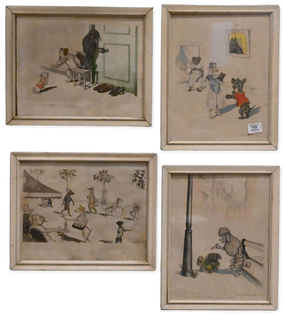 Six: Boris O'Klein (Russian/French, 1893-1985): Six: Boris O'Klein (Russian/French, 1893-1985) hand-colored etchings depicting humorous anthropomorphic dogs in Parisian and domestic scenes, to include "A Coated Tongue," "They Are Boys!," "Doctor,