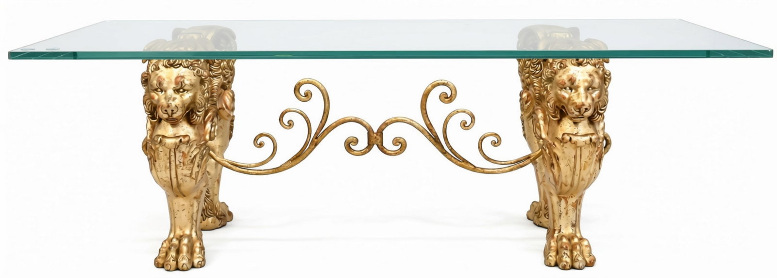 Contemporary Glass Top Coffee Table On Gilt Lion Mask and Claw Feet: Contemporary Glass Top Coffee Table On Gilt Lion Mask and Claw Feet height 18 inches, top 24" x 54"