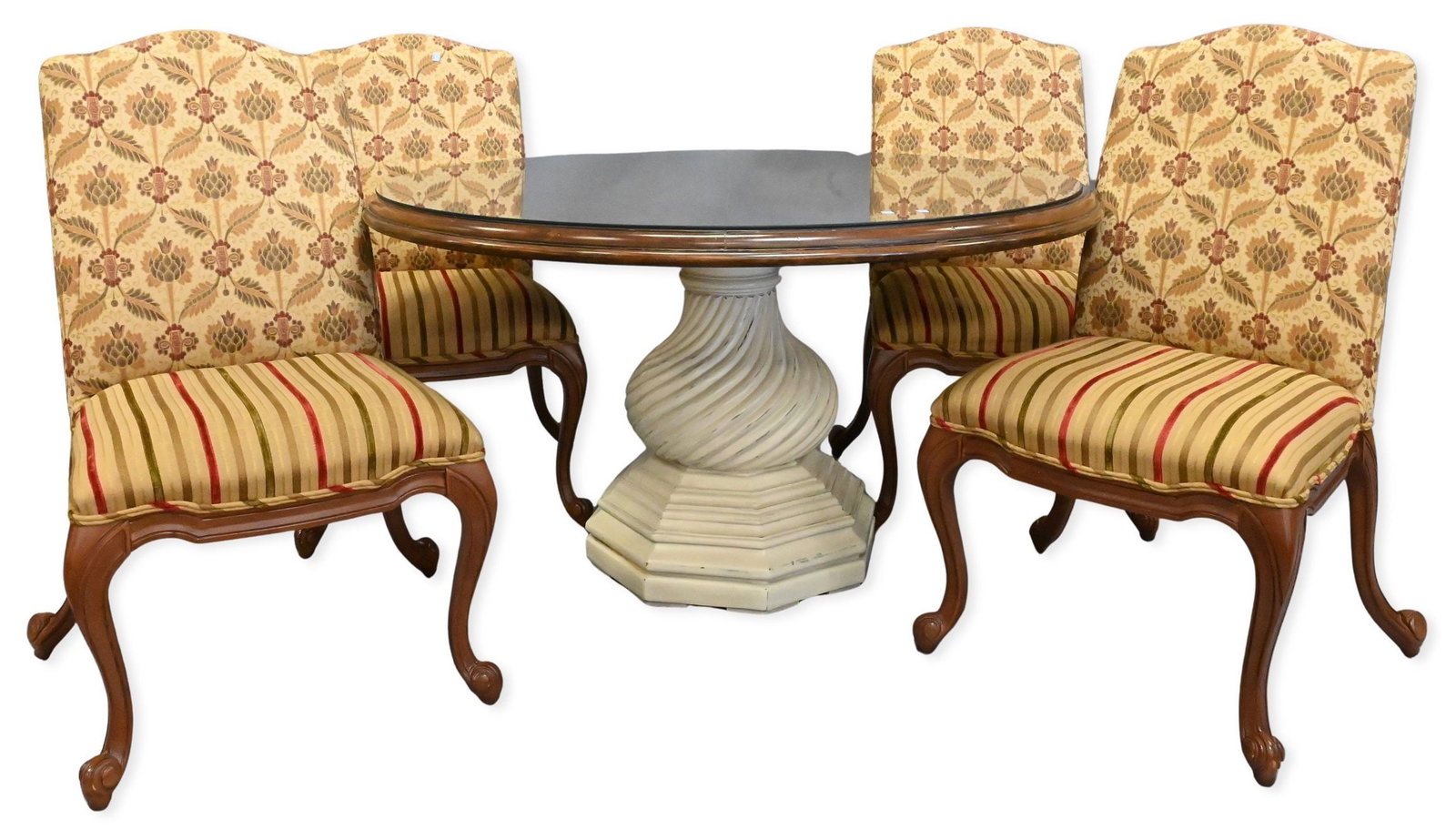 Five Piece Dinette Set: Five Piece Dinette Set to include round table having white pedestal base along with four upholstered side chairs with drastically splayed out cabriole legs table height 35 inches, table depth 55