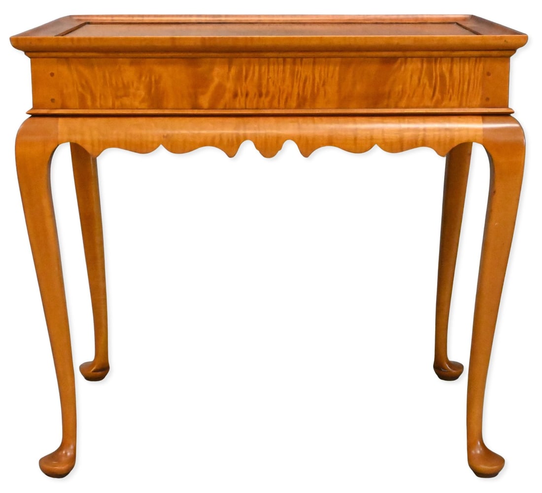 Eldred Wheeler Queen Anne Style Tiger Tea Table: Eldred Wheeler Queen Anne Style Tiger Tea Table having tray top over two candle slides and set on tall cabriole legs ending in pad feet, bearing Wheeler tag to underside height 27 inches, top 18" X