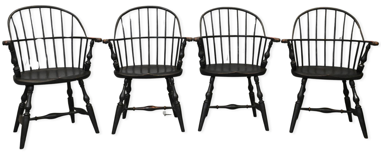 Set of Four Thomas Lord Benchmade Windsor Armchairs: Set of Four Thomas Lord Benchmade Windsor Armchairs each in black paint and marked "Lord" under seat height 36 1/2 inches, seat height 17 1/2 inches, width 27 inches