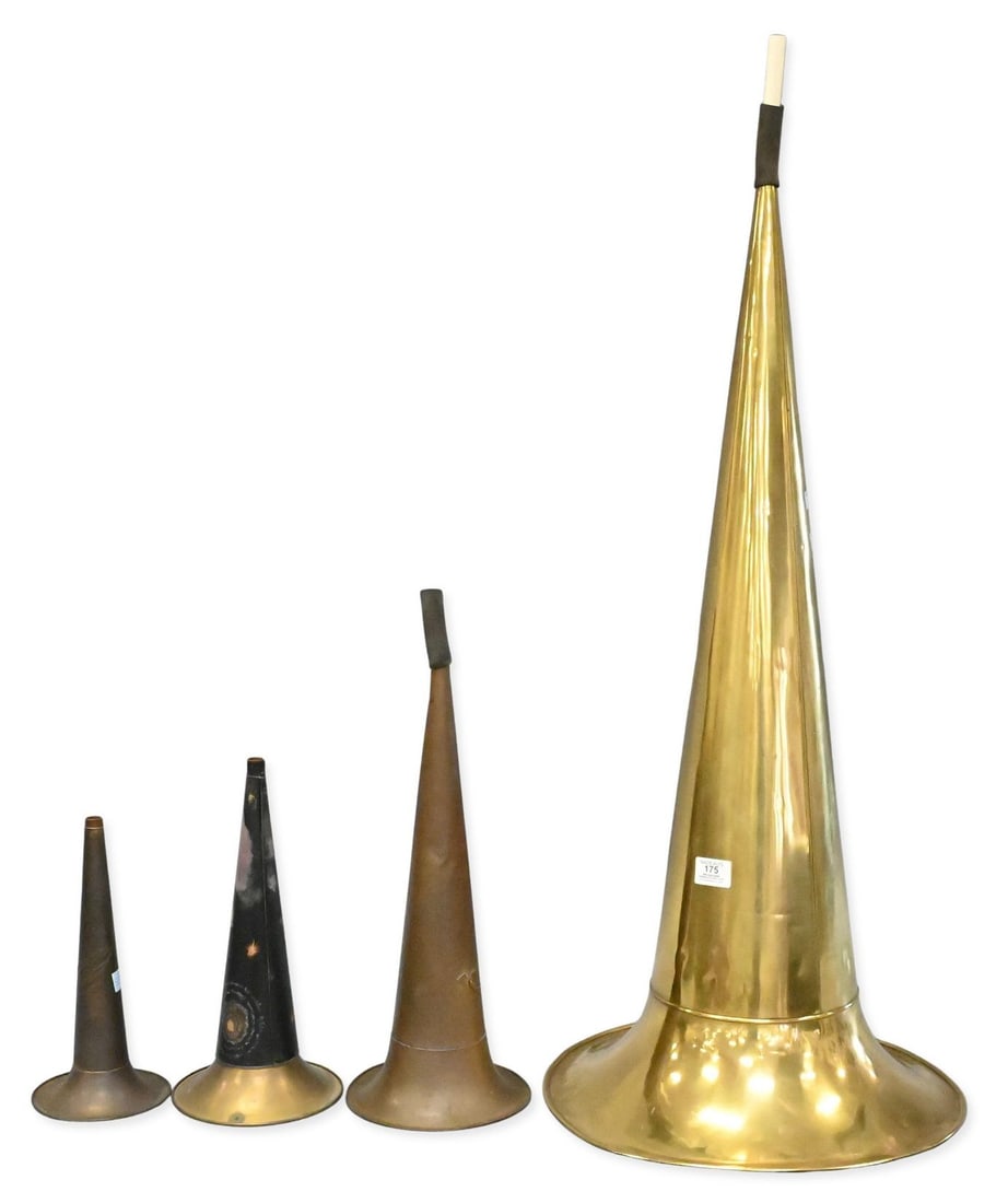 Four Phonograph Cylinder Horns: Four Phonograph Cylinder Horns to include a standard model, sonophone, galaxy painted horn signed F. Fay along with a generic brass horn length 41 inches