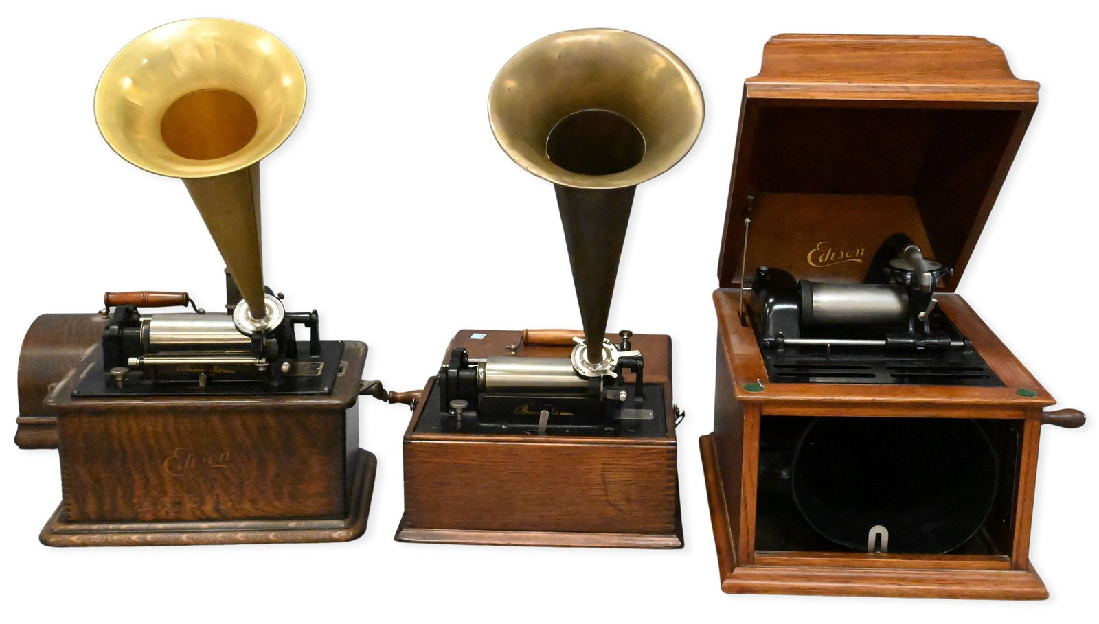 Three Edison Phonographs: Three Edison Phonographs to include Edison Standard with horn serial # 522965, Edison Amberola mark 30 in No. 18 cabinet, along with earlier Edison standard with horn, case needs repair