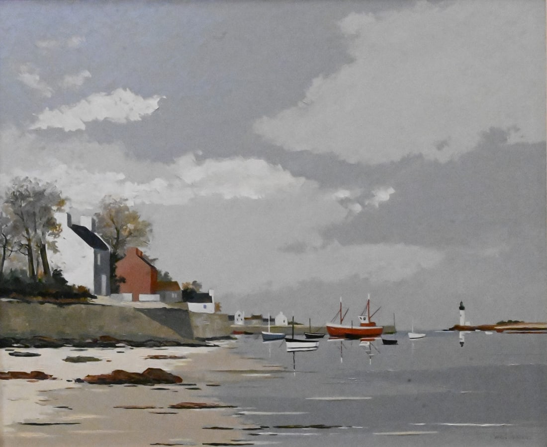 Jacques Wolmans (Belgian, 1919-1991): Jacques Wolmans (Belgian, 1919-1991) "Morbihan" Oil on Masonite depicting a coastal harbor with fishing boats and lighthouse Signed "Wolmans" lower right, gallery label verso 20" x 24" board