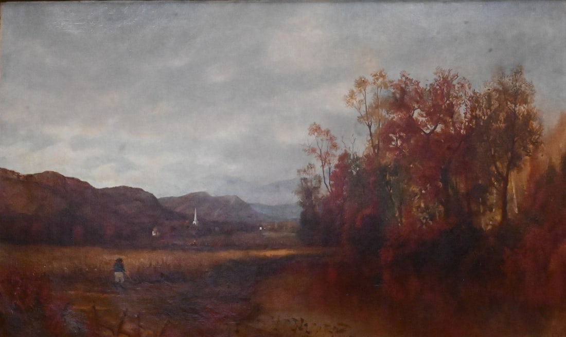Manuel DeForest Bolmer (American, 1852–1910): Manuel DeForest Bolmer (American, 1852–1910) New England Autumn Landscape, 1873 Oil on canvas depicting an autumn river valley with figure in a field, distant village, church steeple and mountains
