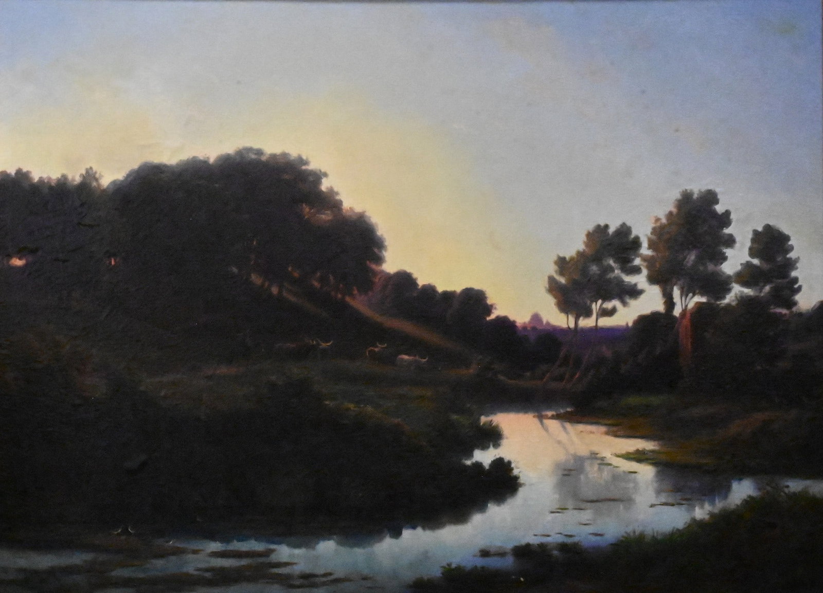 Edmond Hottenroth (German, 1804–1884): Edmond Hottenroth (German, 1804–1884) Roman Campagna Landscape with Cattle and Herder, 1856 Oil on canvas depicting a grand Italianate landscape of a mounted herder driving cattle through a wooded
