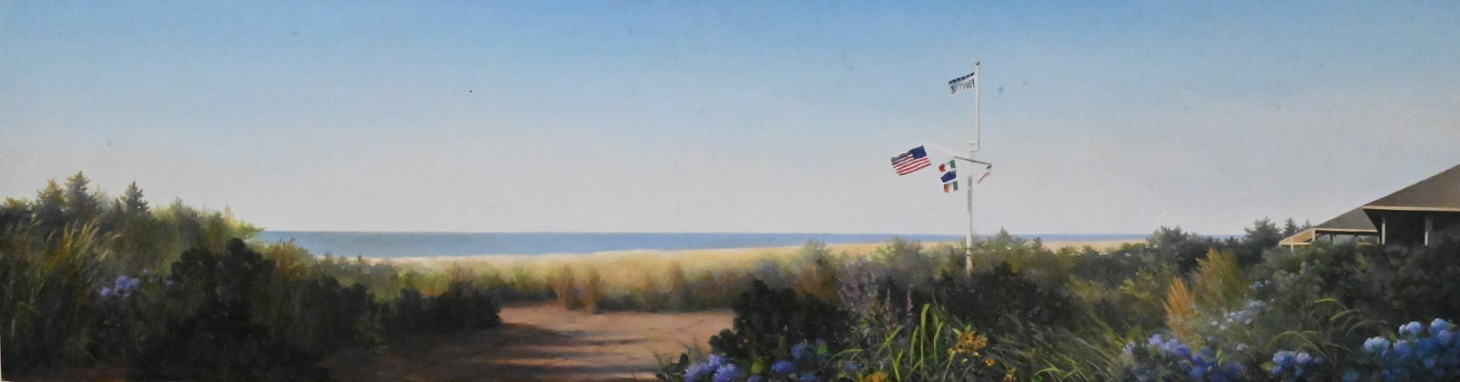 Leslie Horan Simon (American, 20th/21st Century): Leslie Horan Simon (American, 20th/21st Century) Panoramic Coastal Landscape Oil on board depicting a coastal view with pennant flags, hydrangeas and beach Signed lower left Leslie Horan Simon 13" x