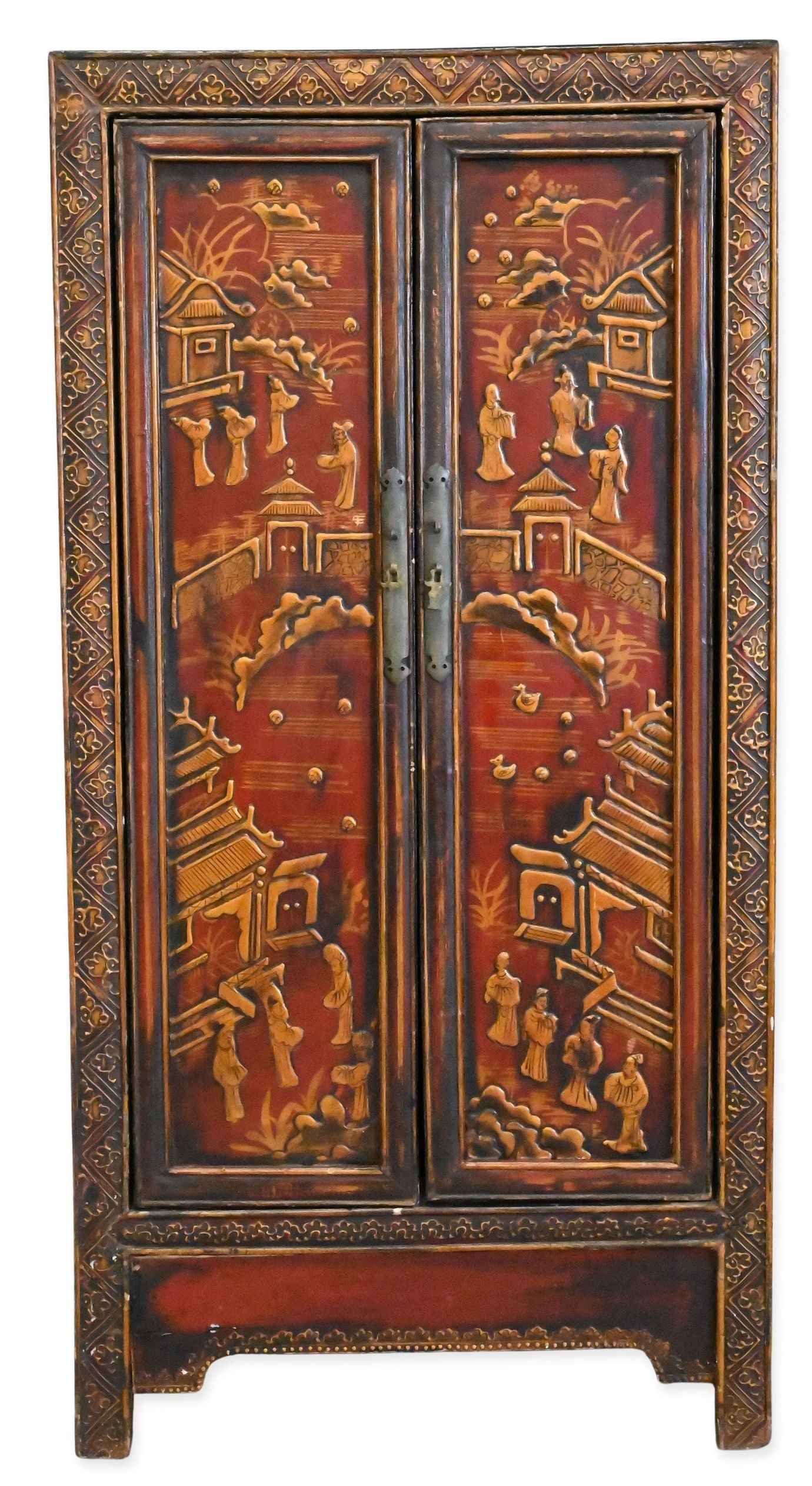 Chinoiserie Decorated Cabinet: Chinoiserie Decorated Cabinet having 2 doors opening to interior shelving height 47 1/4 inches, width 23 1/2 inches, depth 16 inches