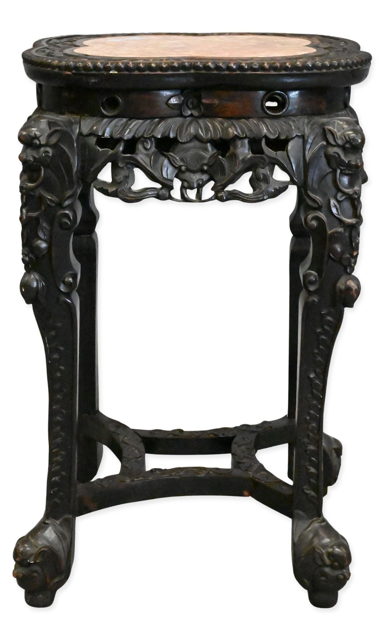 Carved Chinese Table: Carved Chinese Table having marble inset in a shaped top set on heavily carved legs height 24 inches, top 17" x 17"