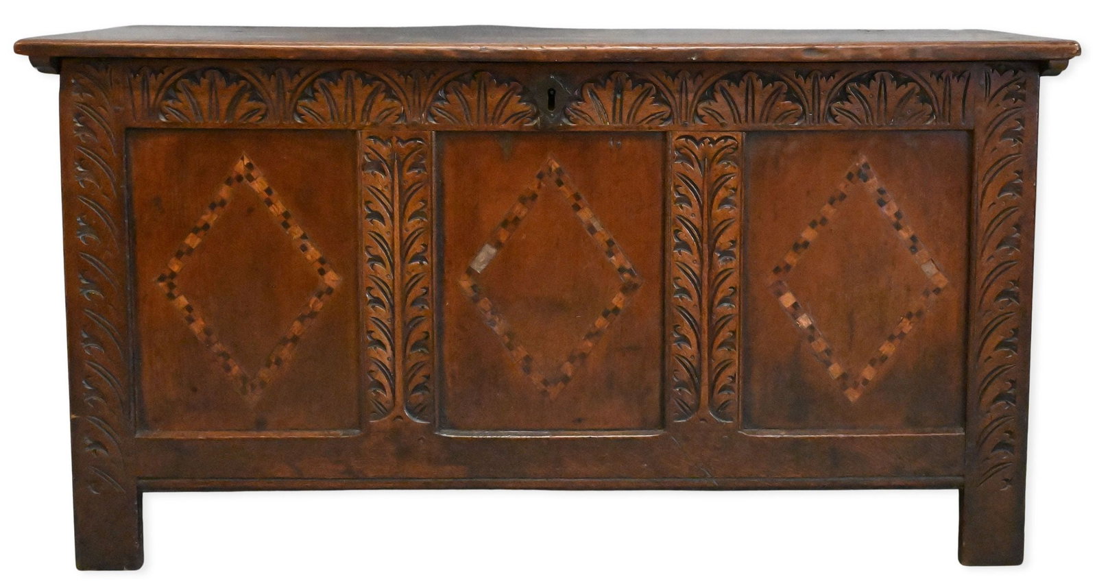 Windsor II-III Oak Lift Top Chest: Windsor II-III Oak Lift Top Chest having three inlaid front panels probably 17th to early 18th century height 27 inches, top 21" x 51 1/2"
