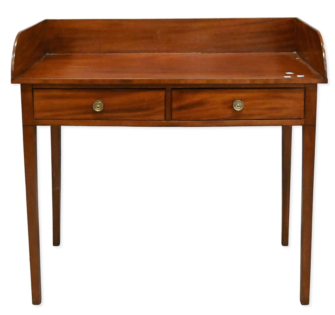Federal Mahogany Server: Federal Mahogany Server having gallery top over two drawers, raised on square tapering legs height 35 inches, width 37 1/2 inches, depth 20 1/2 inches