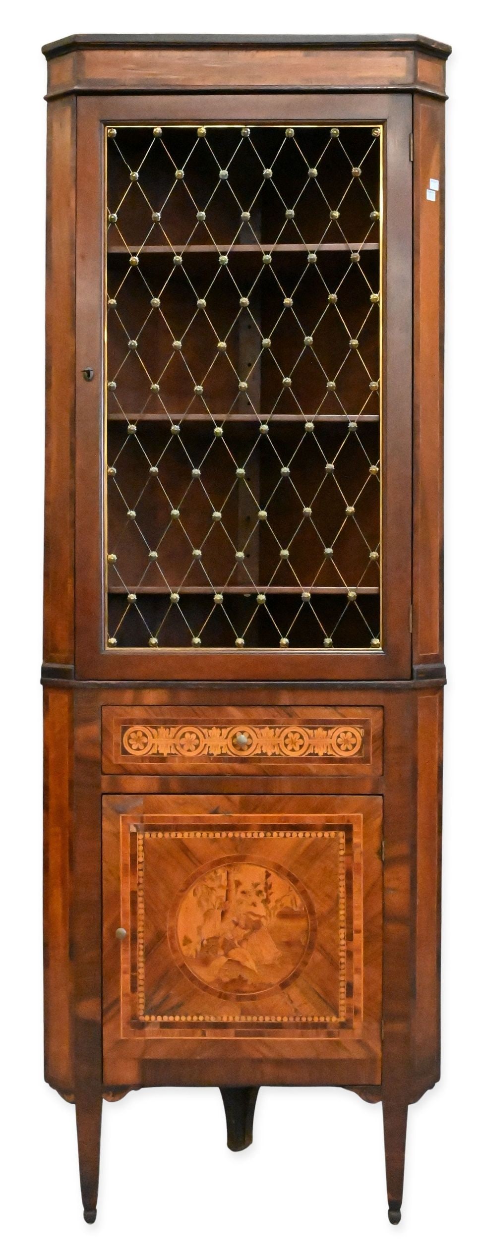 Georgian Inlaid Cabinet: Georgian Inlaid Cabinet having grill work door over inlaid drawer and dingle door height 77 1/2 inches, width 26 inches, depth 13 inches