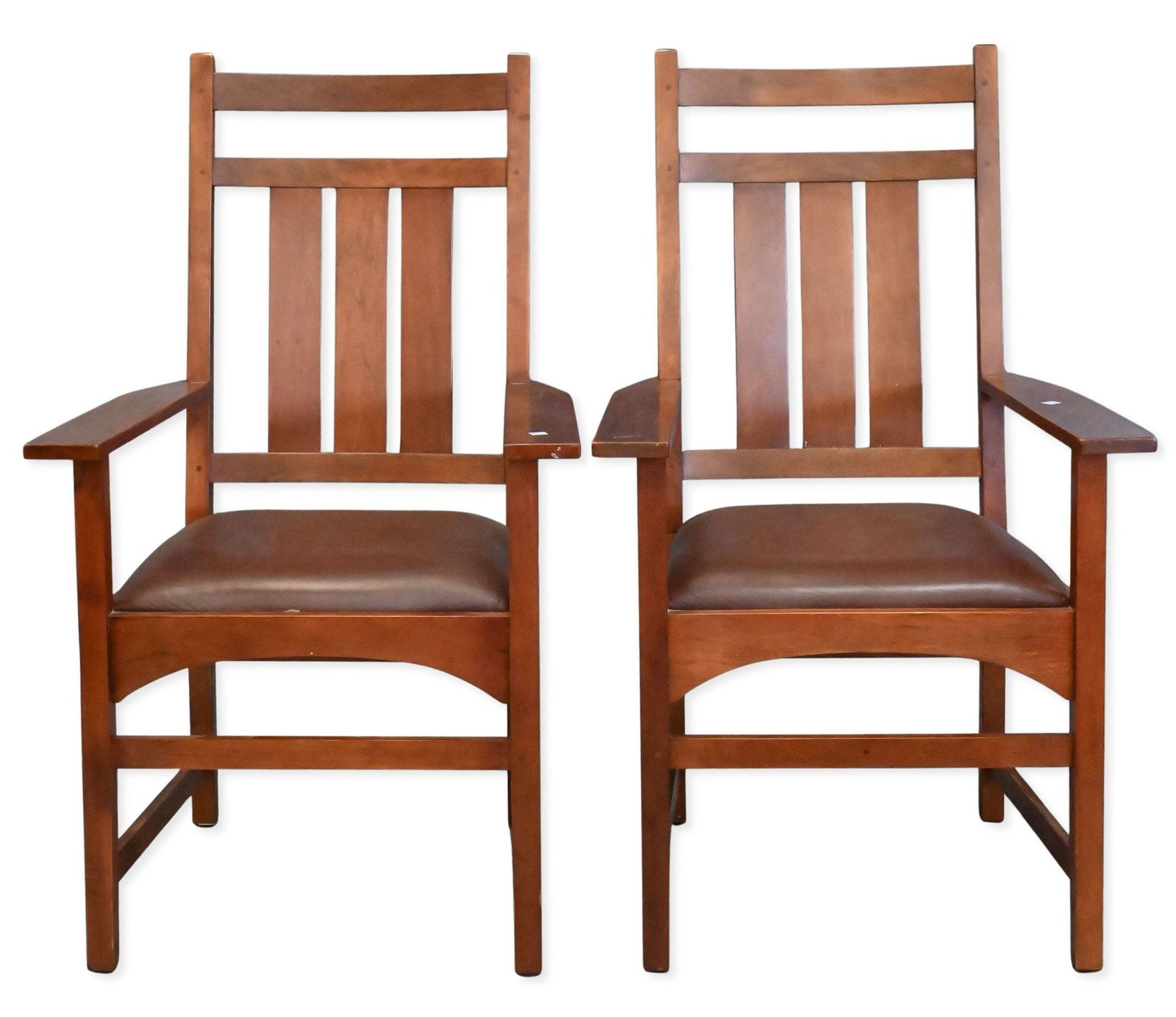 Pair of Stickley Harvey Ellis Mission Oak Armchairs: Pair of Stickley Harvey Ellis Mission Oak Armchairs each having leather seats, bearing Stickley metal tags to underside height 43.5", width 26"