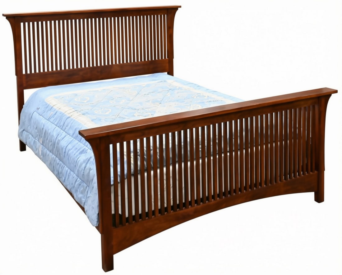 Stickley Mission Style Cherry Queen Sized Bed: Stickley Mission Style Cherry Queen Sized Bed bearing metal Stickley tag to back of headboard height 49 inches, width 70.5 inches