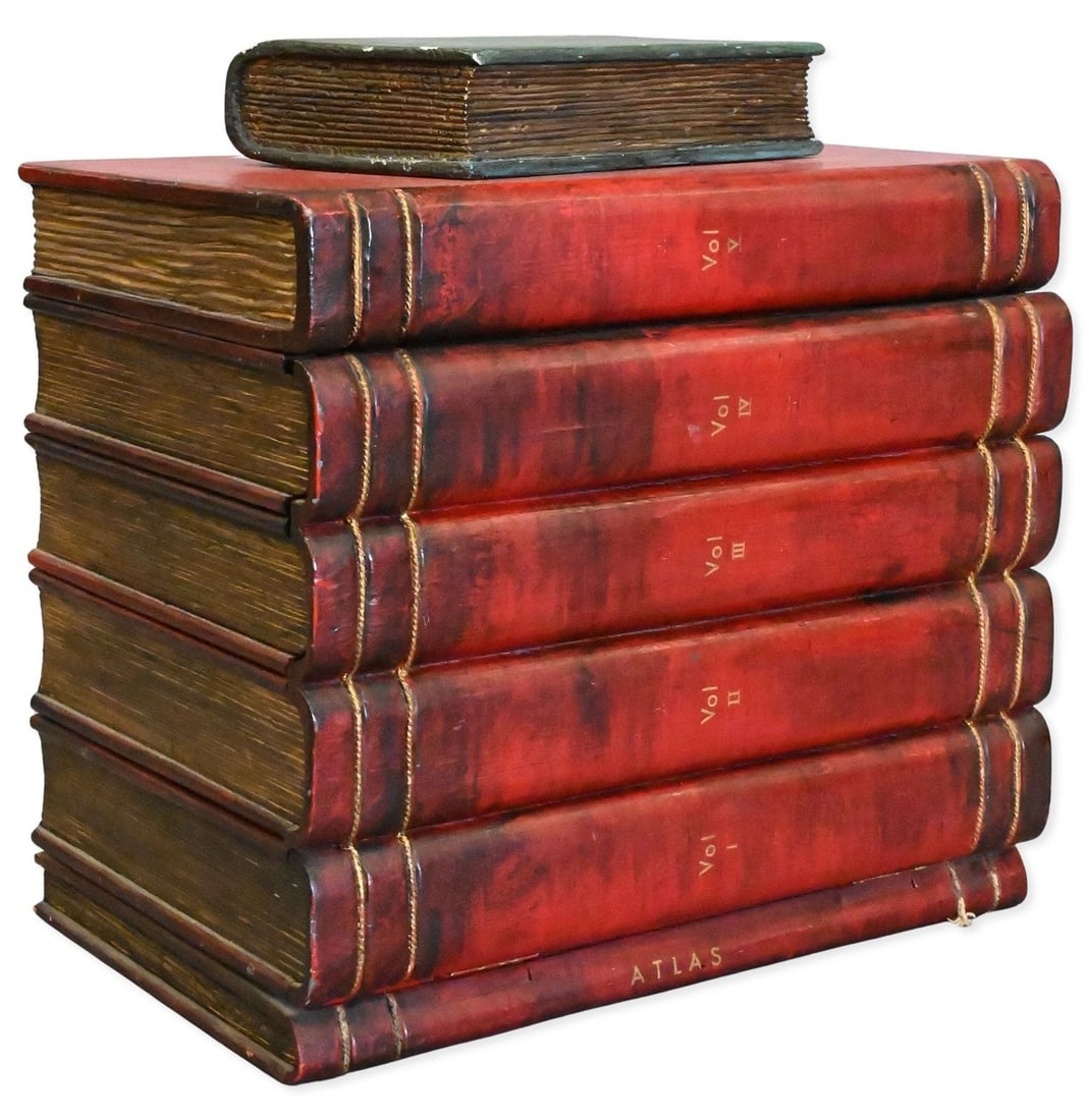 Faux Book Hinge-Top Chest: Faux Book Hinge-Top Chest Painted wood chest in the form of a stack of four oversized red leather-bound books with gilt detailing, having hinged top opening to storage compartment. height 25 1/4