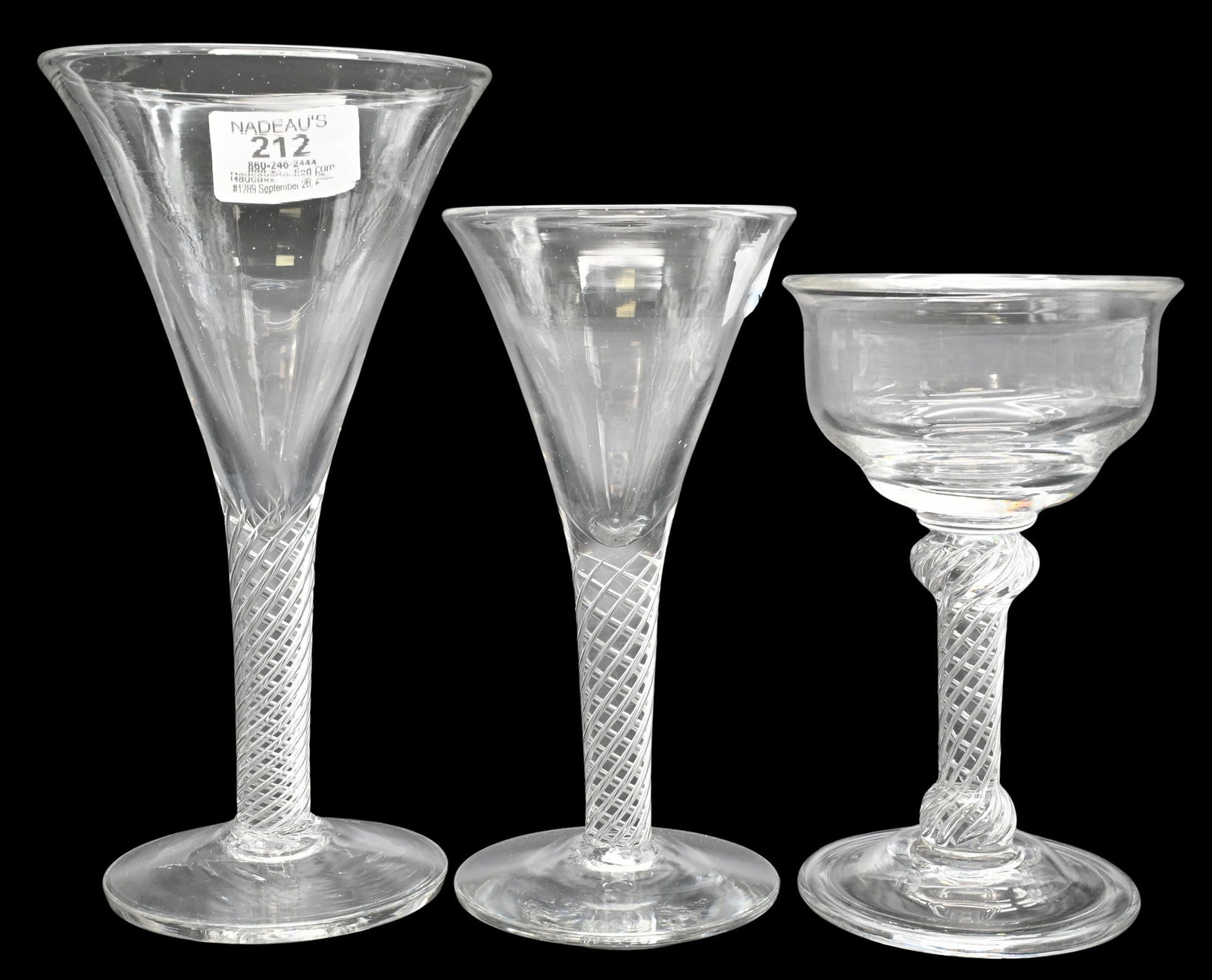 20 Piece Georgian Style Air Twist Stemware Set: 20 Piece Georgian Style Air Twist Stemware Set to include 8 tall flared wine glasses, 6 flared white glasses and 6 champagne coupe glasses tallest height 7 1/2 inches