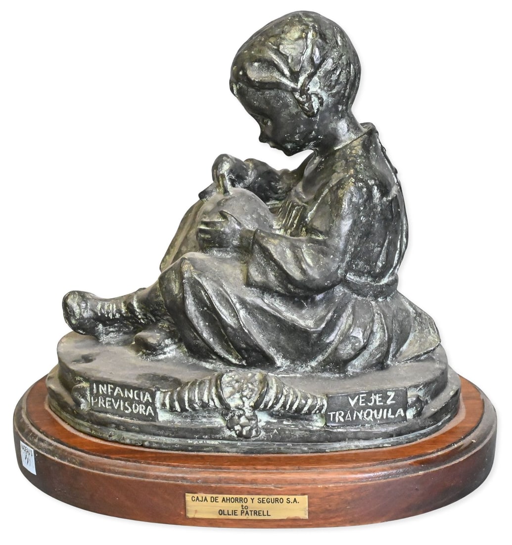 Carlos de la Carcova (Argentine, 1903-1974): Carlos de la Carcova (Argentine, 1903-1974) "Vejez Tranquila" (Tranquil Old Age) and "Infancia Revisora" (Revisiting Childhood) Patinated bronze depicting a seated girl holding a piggy bank, titled al