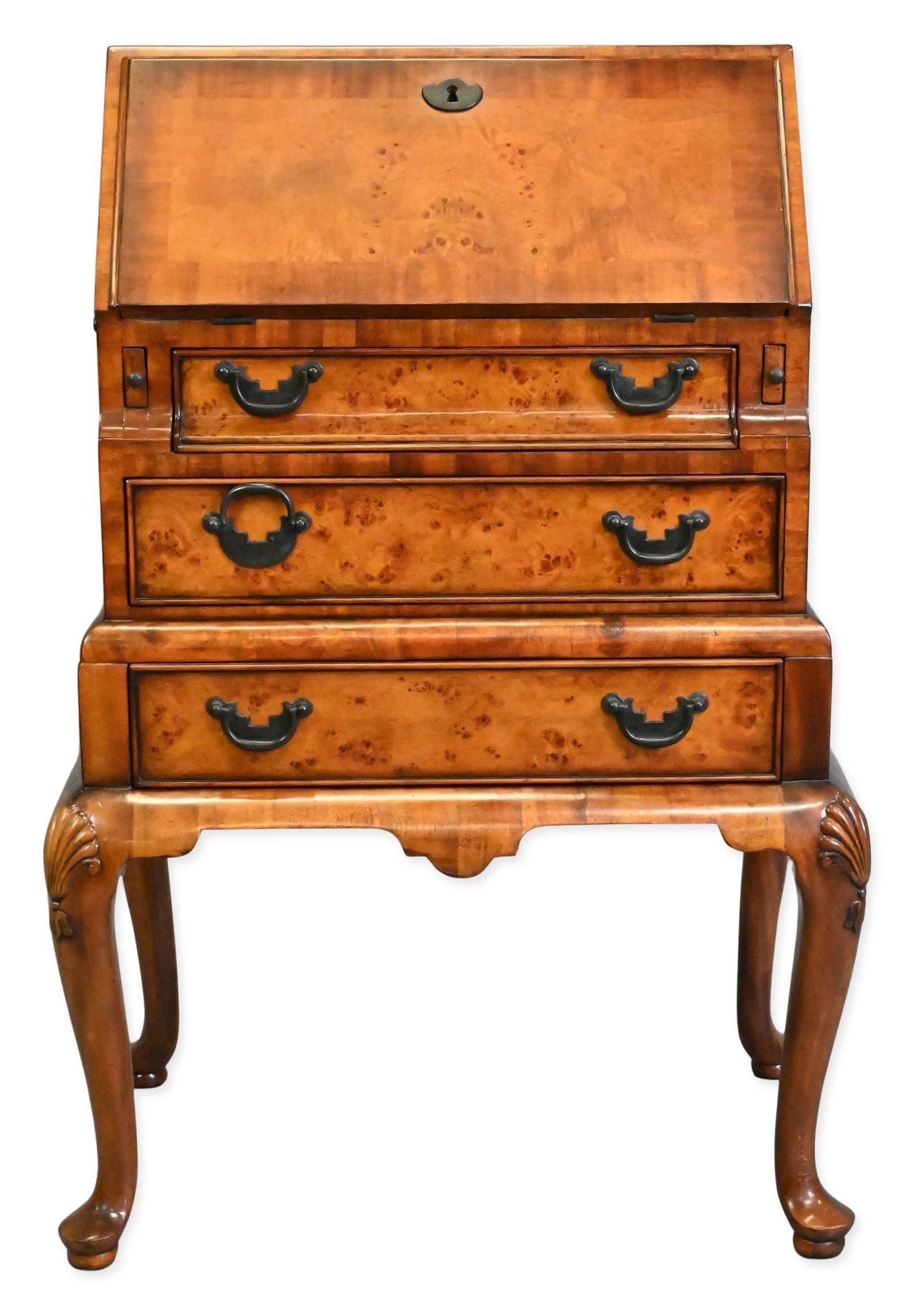 Theodore Alexander Queen Anne Style Burlwood Ladies Desk: Theodore Alexander Queen Anne Style Burlwood Ladies Desk having drop front over 3 drawers and set on cabriole legs, bearing Theodore Alexander tag in drawer height 38 inches, width 25 inches, depth 18
