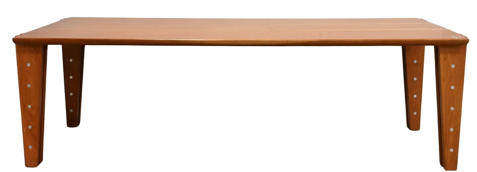 Afra and Tobia Scarpa Style Mid-Century Modern Dining Table: Afra and Tobia Scarpa Style Mid-Century Modern Dining Table set on four dovetailed legs having metal circular inlaid accents height 29 1/2 inches, 48" x 97"