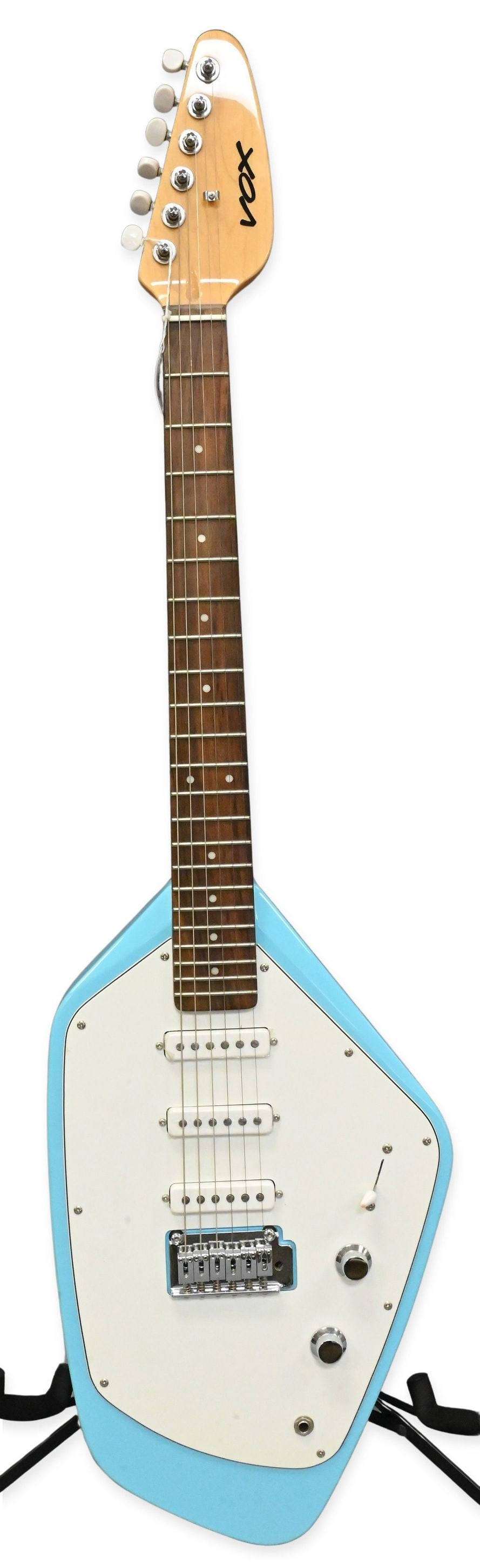 2005 VOX Phantom V-MK5 Electric Guitar: 2005 VOX Phantom V-MK5 Electric Guitar having robin's egg blue finish, made in Indonesia, serial number R1301595. Along with original soft case