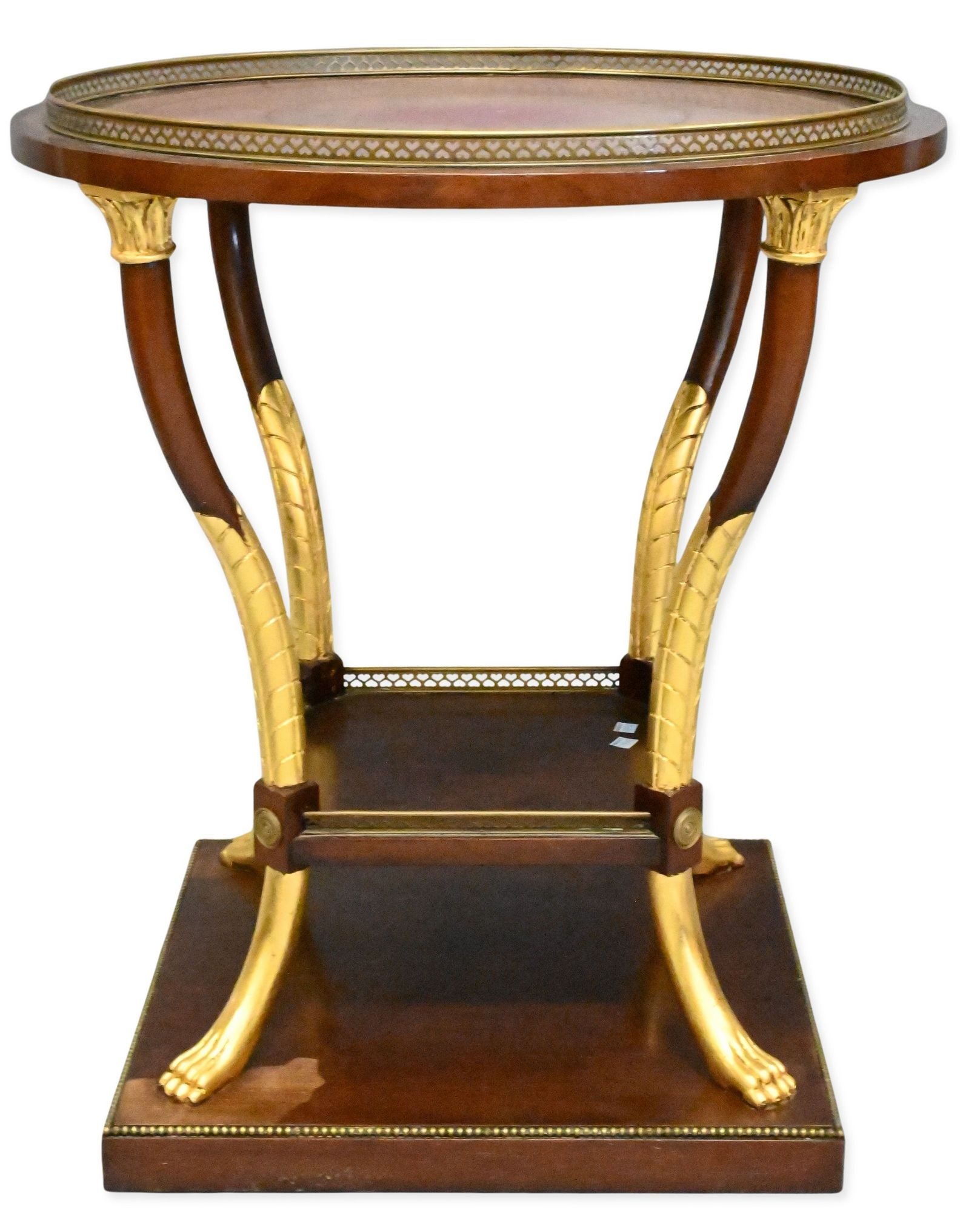 Custom Regency Style Leather Top Bench / Ottoman: Custom Regency Style Leather Top Bench / Ottoman having highly decorative mahogany base set on wide reeded tapered legs ending in brass casters height 17 inches, top 24 1/2" x 48 1/2"