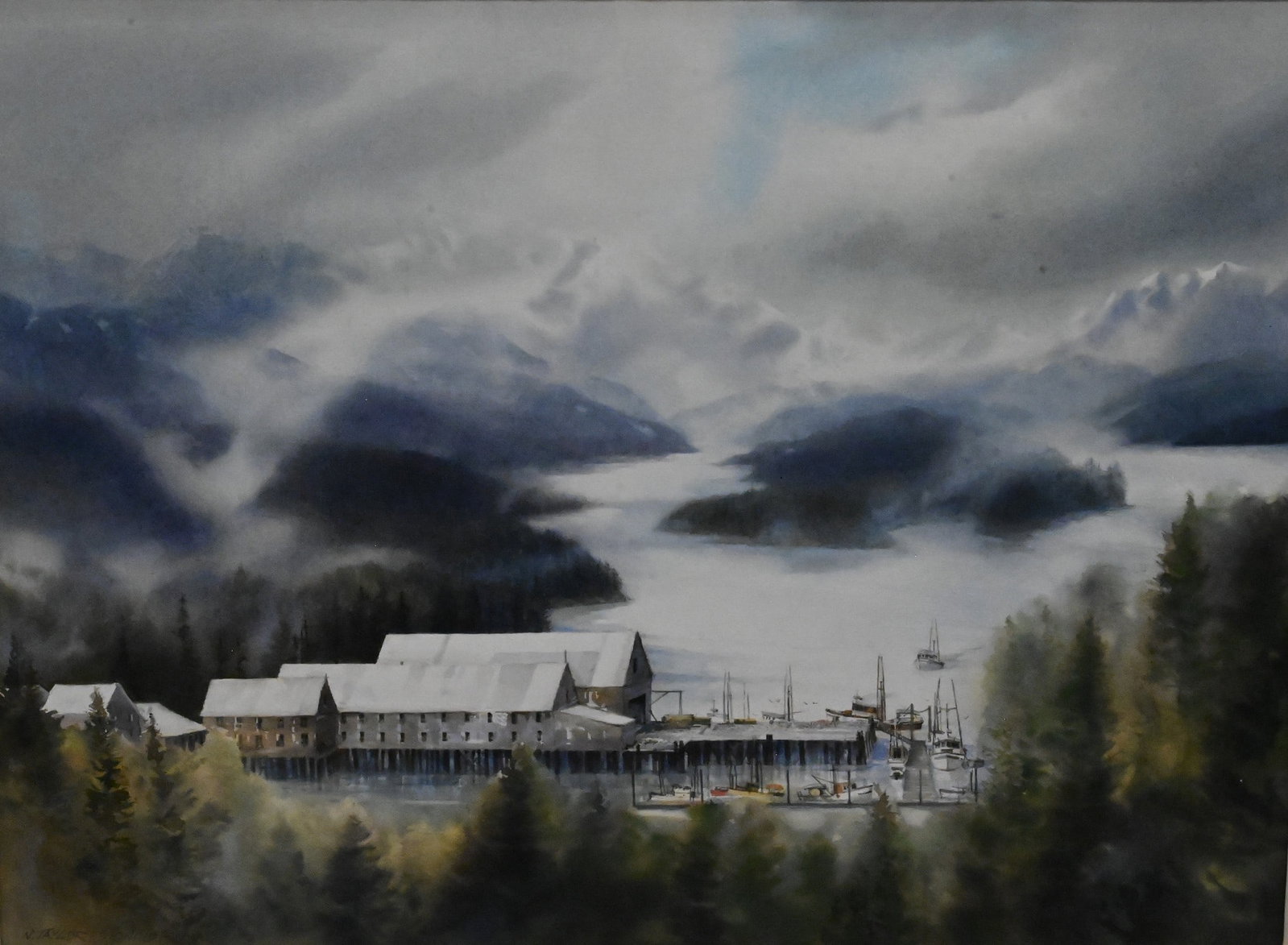 Nancy Taylor Stonington (American, B.1944): Nancy Taylor Stonington (American, B.1944) Fish Cannery, Alaska, 1985 Watercolor on paper depicting a coastal harbor with buildings, boats, and mountains in the distance Signed and dated lower left